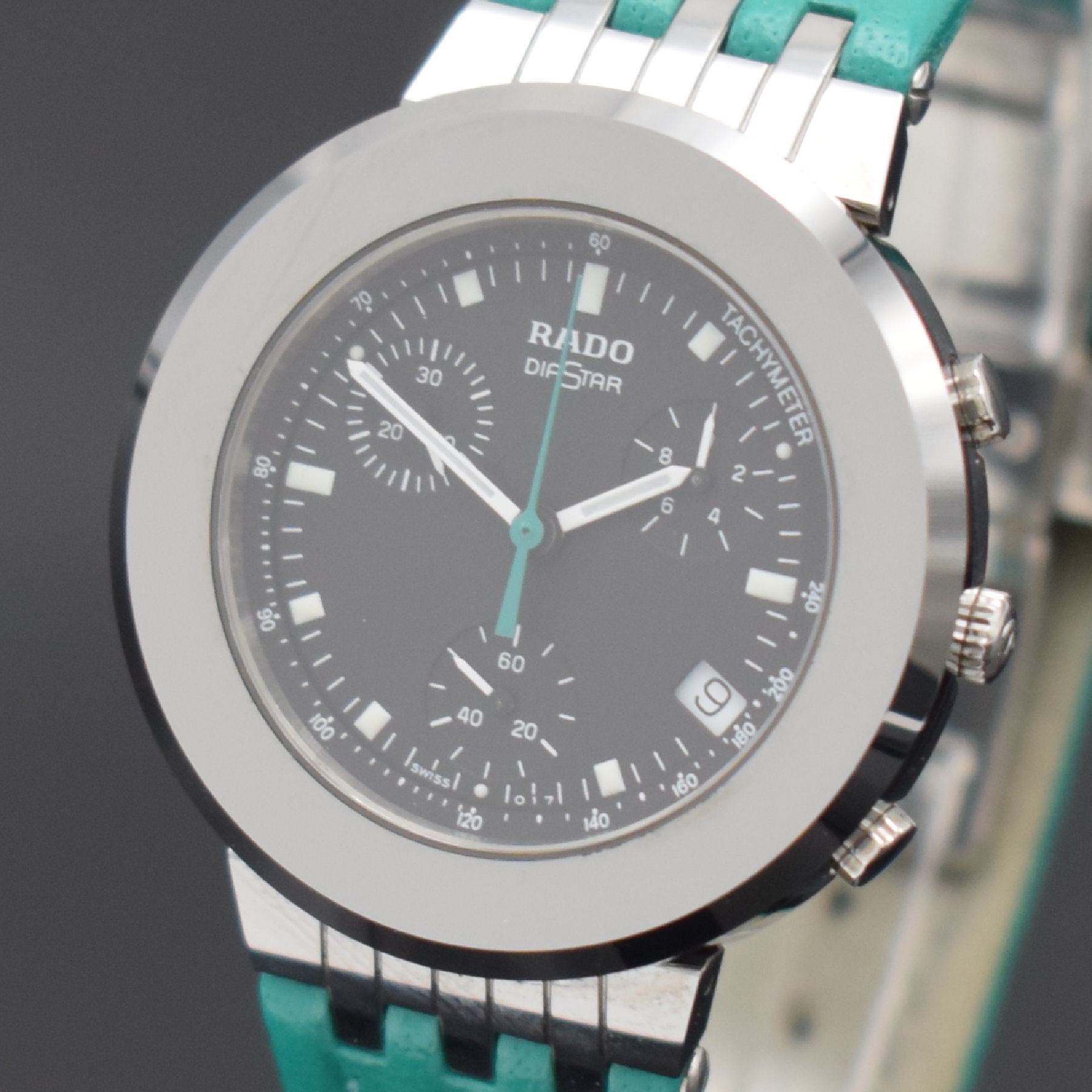 Detail a: RADO Diastar Armbanduhr mit Chronograph in Stahl, Schweiz um 2005, quarz, Ref. 538.0470.3, Boden aufgedr., orig. Lederband m. dopp. Faltschl., ...