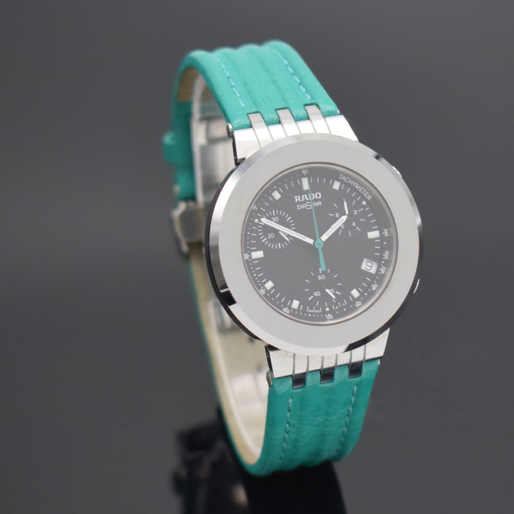 Detail b: RADO Diastar Armbanduhr mit Chronograph in Stahl, Schweiz um 2005, quarz, Ref. 538.0470.3, Boden aufgedr., orig. Lederband m. dopp. Faltschl., ...