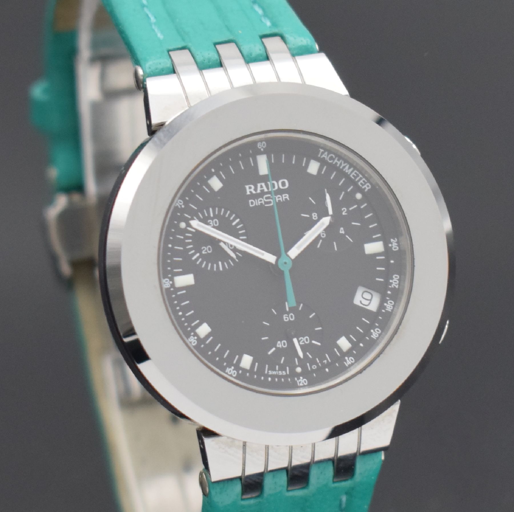 Detail c: RADO Diastar Armbanduhr mit Chronograph in Stahl, Schweiz um 2005, quarz, Ref. 538.0470.3, Boden aufgedr., orig. Lederband m. dopp. Faltschl., ...