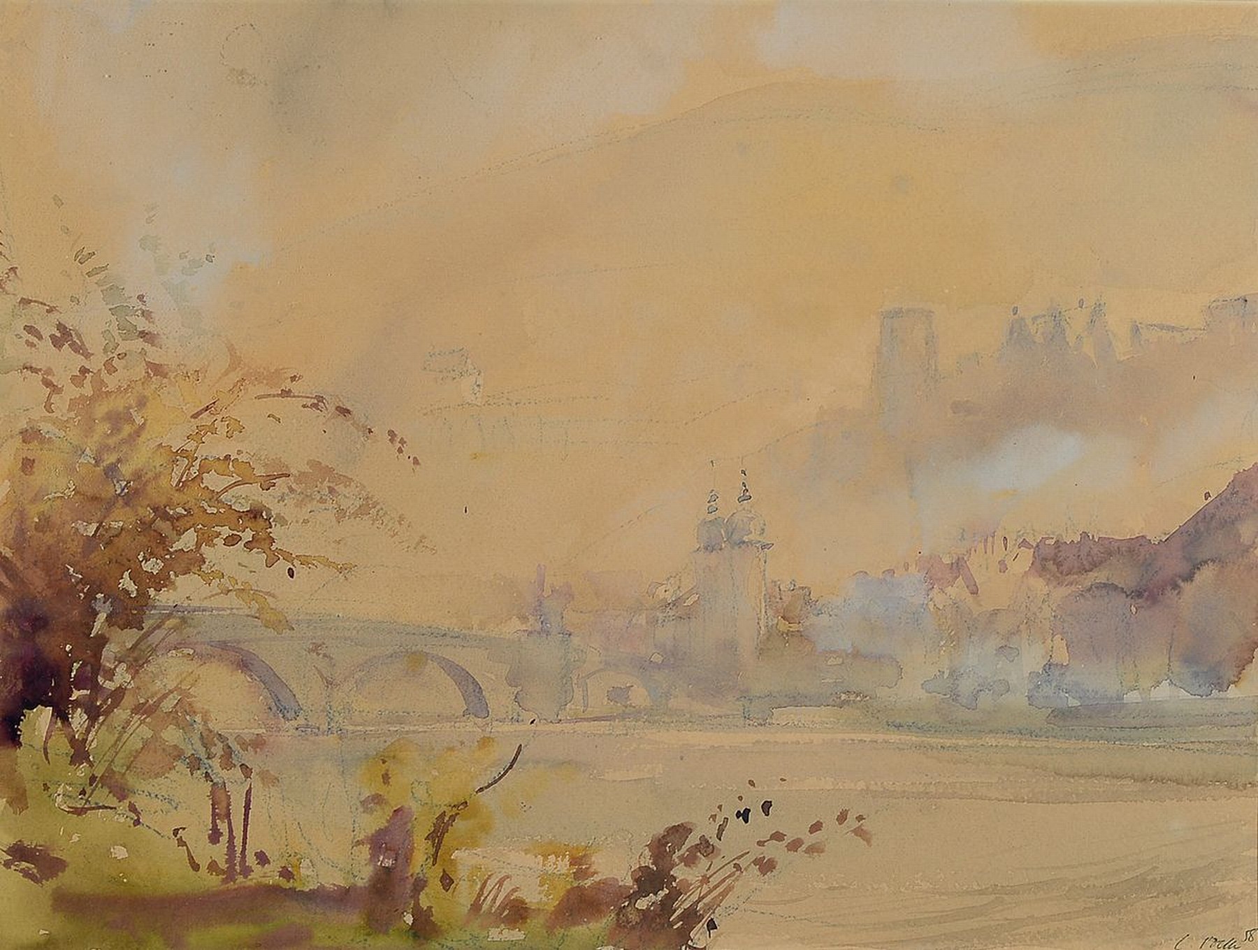 Carolus Vocke, 1899 Heilbronn-1979 Mannheim, Blick auf Heidelberg, das Schloß und die alte Brücke, Aquarell auf Papier, gebräunt, rechts unten ...