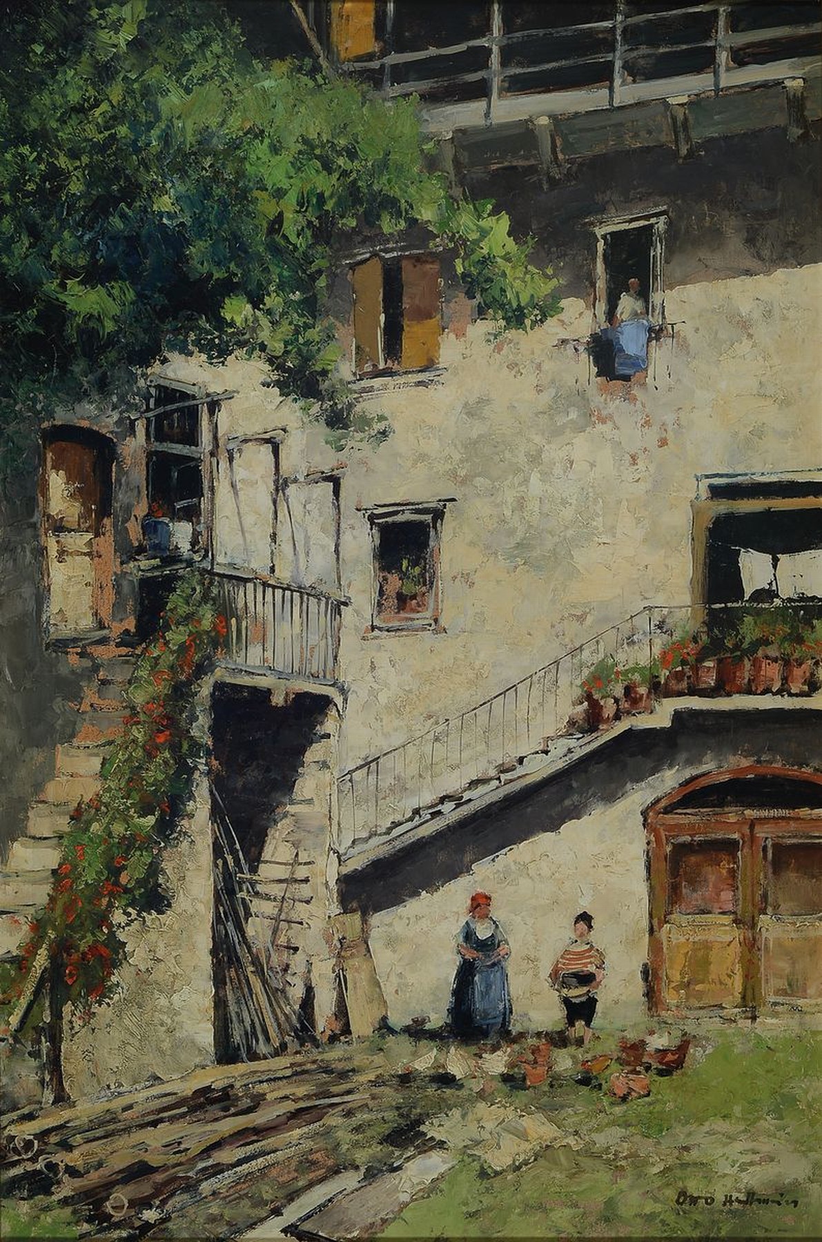 Otto Hellmeier, 1908-1996 Weilheim, Tiroler Hinterhof, rückseitig so betitelt, Öl/Hartfaser, rechts unten signiert, ca. 60x40cm, R. ca. 70x50cm