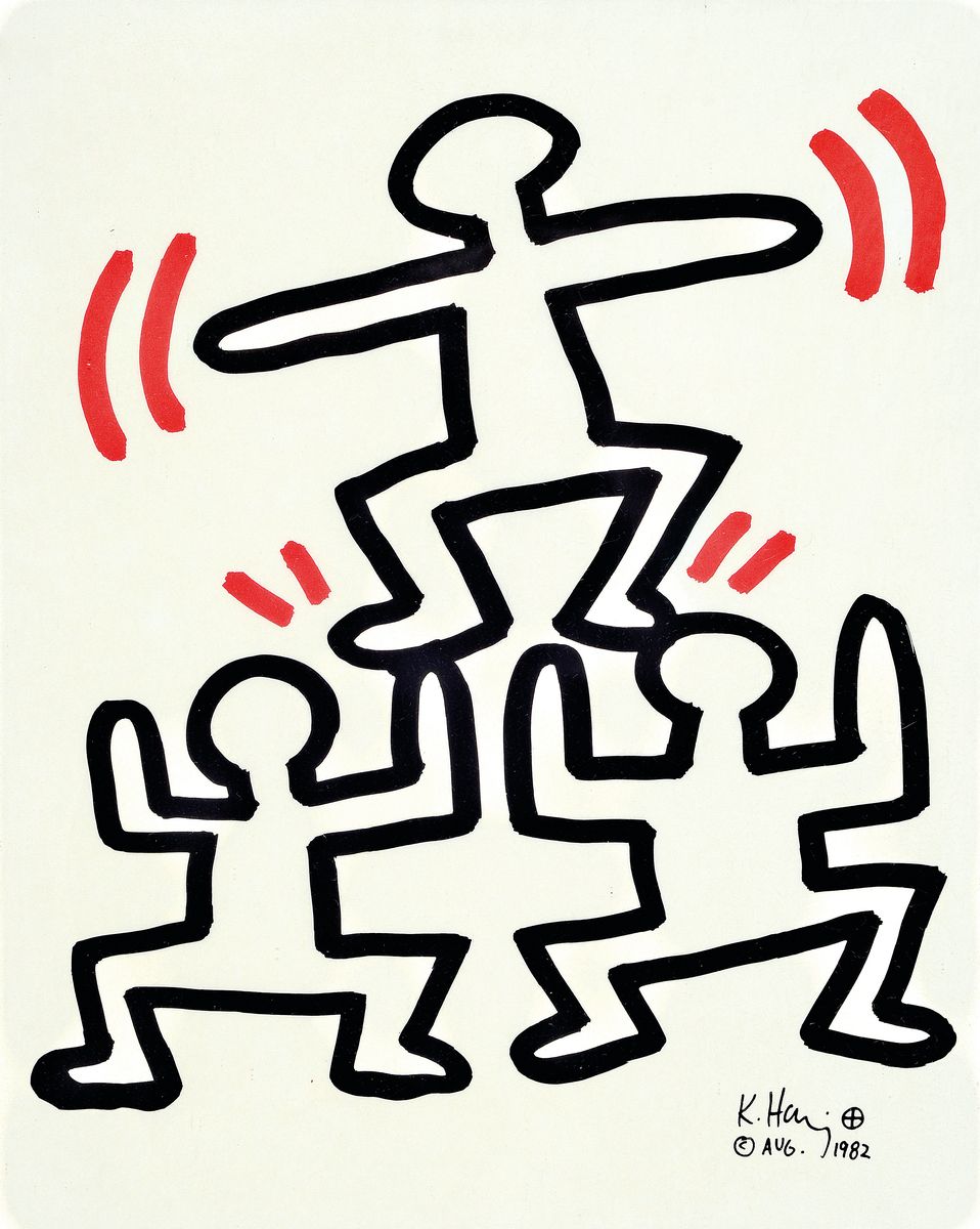 Keith Haring, 1958-1990, 4 Serigraphien in schwarz und rot von 1982, alle drucksigniert, je ca. 29x22cm, u.Gl., R. ca. 30x23cm