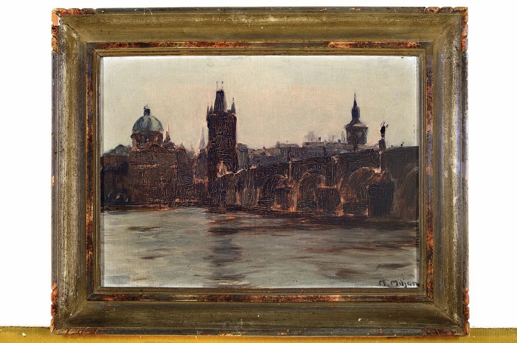 Detail k: Norbert Miljan, geb. 1944, akademisch ausgebildeter Maler aus Tschechien, Blick auf die Karlsbrücke in Prag, Öl/Lwd, rechts unten signiert, ca. ...