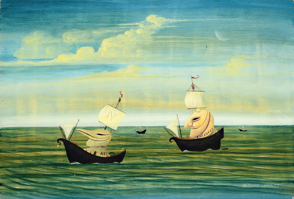 Werner Holz, 1948 Grünstadt-1991 Ludwigshafen, Die Fahrt, Öl/Holz, rechts unten signiert, dat. 77 und betitelt, ca. 31x46cm