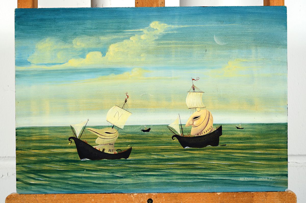 Detail k: Werner Holz, 1948 Grünstadt-1991 Ludwigshafen, Die Fahrt, Öl/Holz, rechts unten signiert, dat. 77 und betitelt, ca. 31x46cm