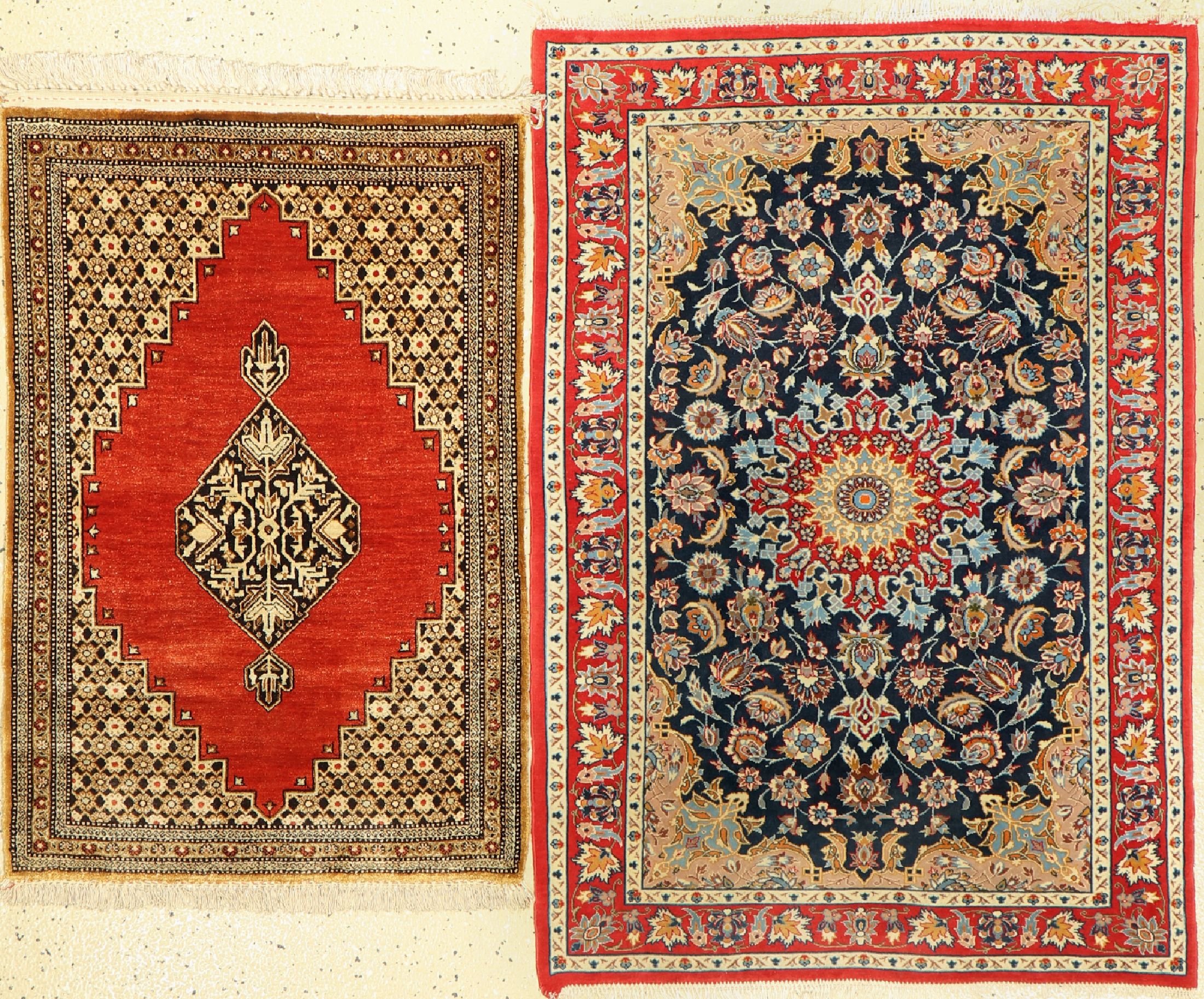 2 Lots persische Poschti, Ghom Seide, reine Naturseide, Esfahan, Korkwolle auf Seide, ca, 50 Jahre, ca. 104 x 70 cm, EHZ: 2