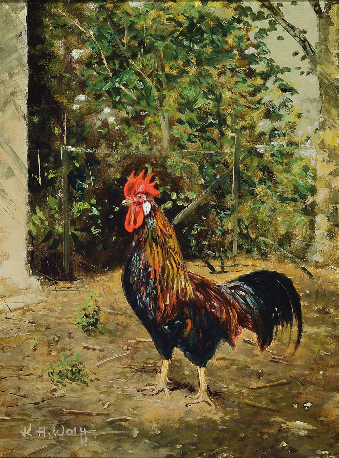 Detail a: Karl August Wolff, geb. 1938 Ludwigshafen/Rh., lebt und arbeitet in Offenbach a.d. Queich, zwei Gemälde: Gänse, ca. 30 x 40 cm und Zuchthahn ...