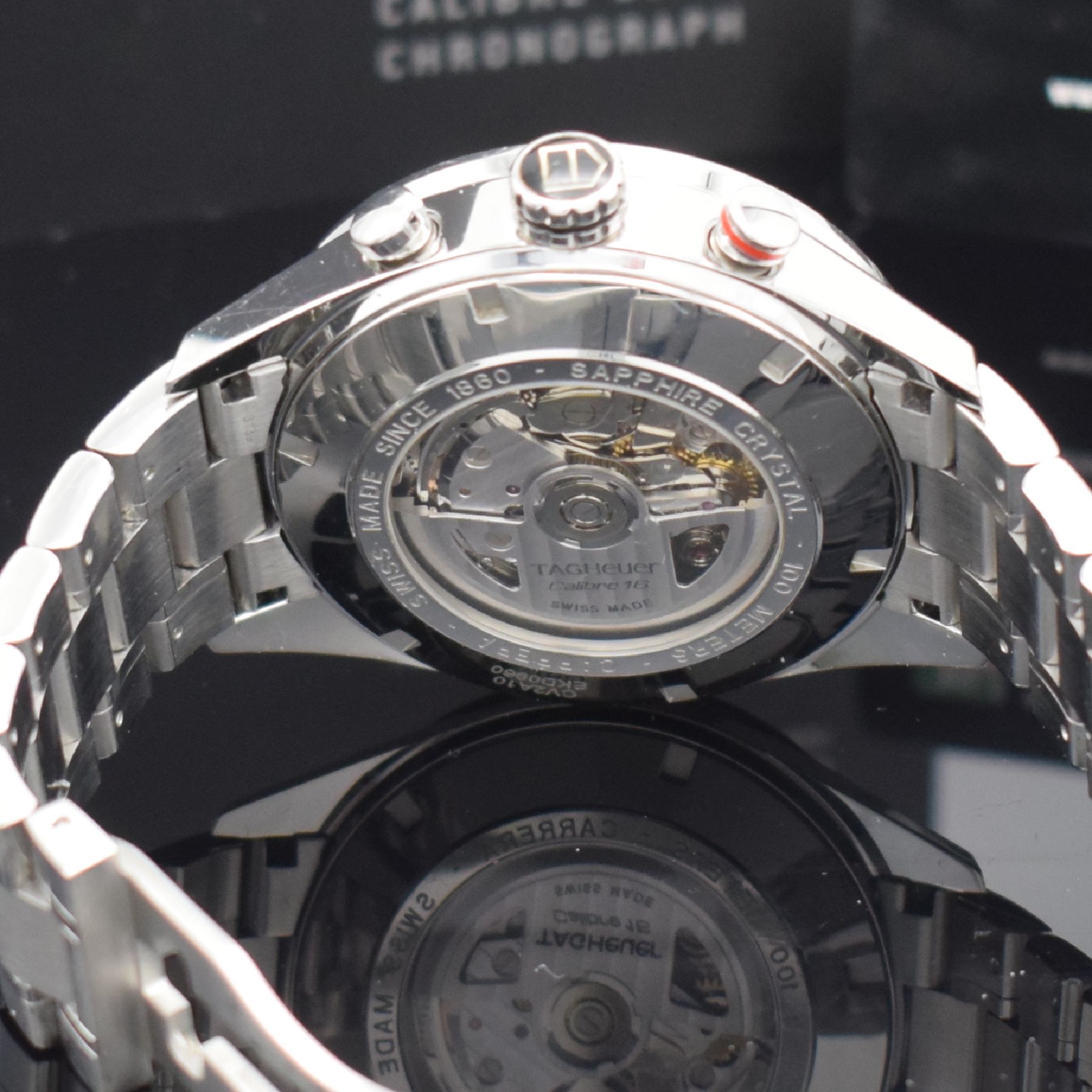 Detail d: TAG HEUER Carrera Armbandchronograph Calibre 16 Referenz CV2A10, Automatik, Edelstahlgeh. inkl. Gliederband m. Faltschl., beids. vergl., Boden ...
