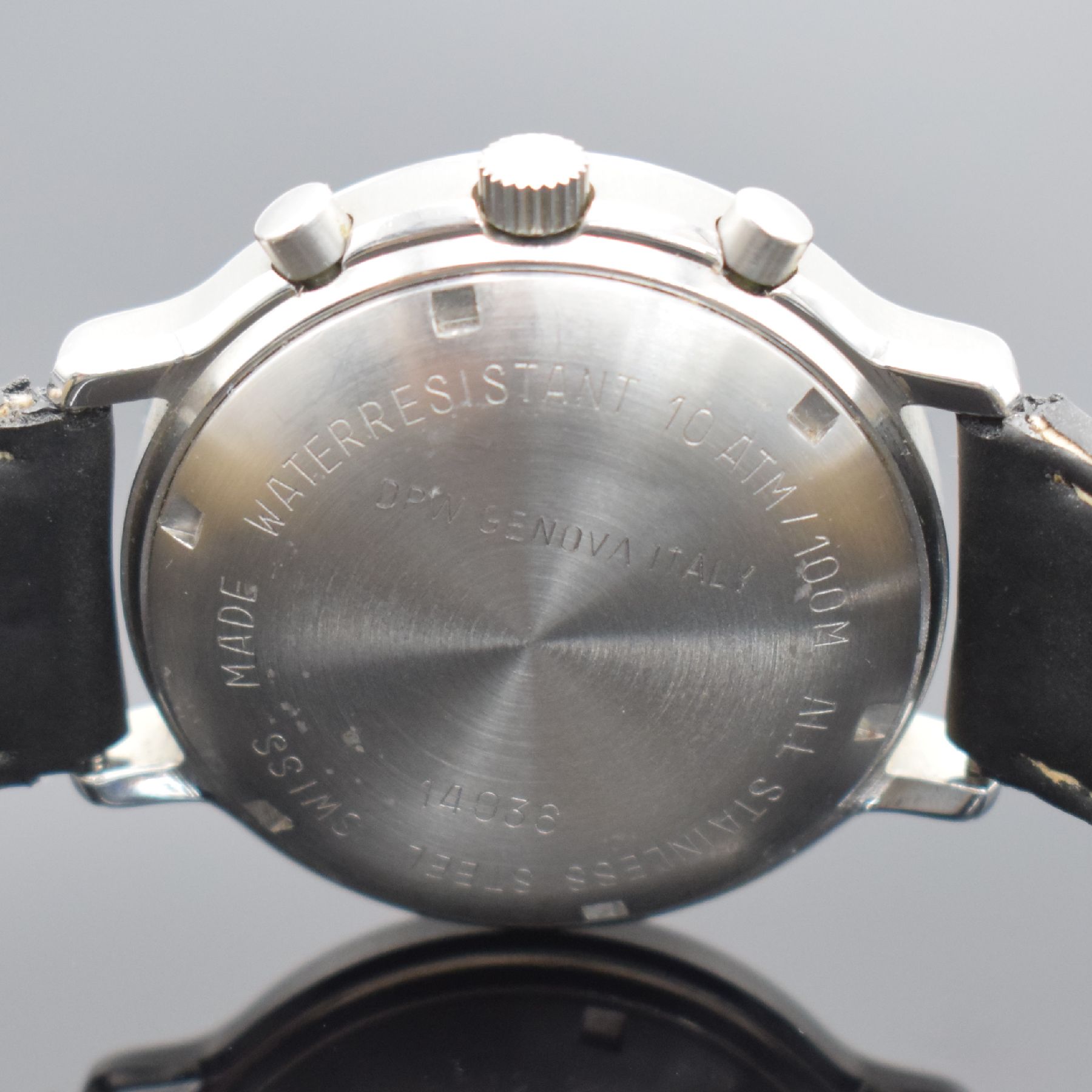 Detail c: DPW U.S. Air Force Key West Herrenarmbanduhr mit Chronograph in Stahl, Schweiz um 1995, Automatik, Boden & Lünette verschr., dunkelblaues Zifferbl. ...