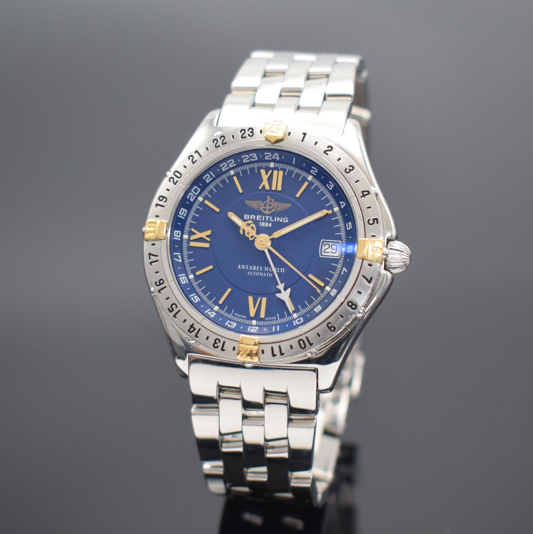 BREITLING Antares World Herrenarmbanduhr mit 2er Zeitzone, Schweiz um 1995, Automatik, Ref. B 32047, verschr. Edelstahlgeh. inkl. Pilotband m. ...
