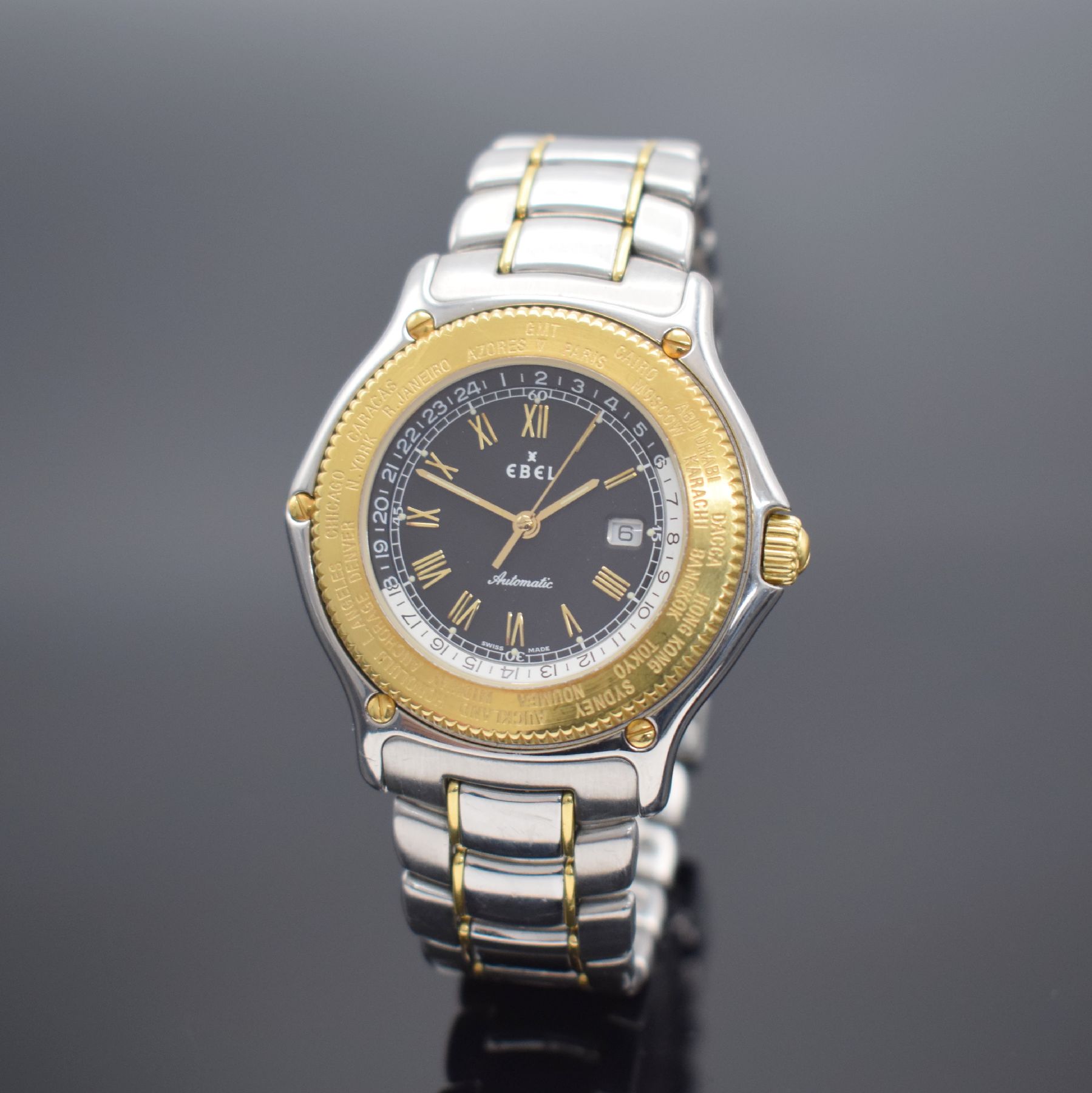 EBEL Voyager Herrenarmbanduhr, Schweiz um 1990, Automatik, Ref. 1124913, Edelstahlgeh. inkl. orig. Gliederband m. Faltschl., Boden 8-fach verschr., ...