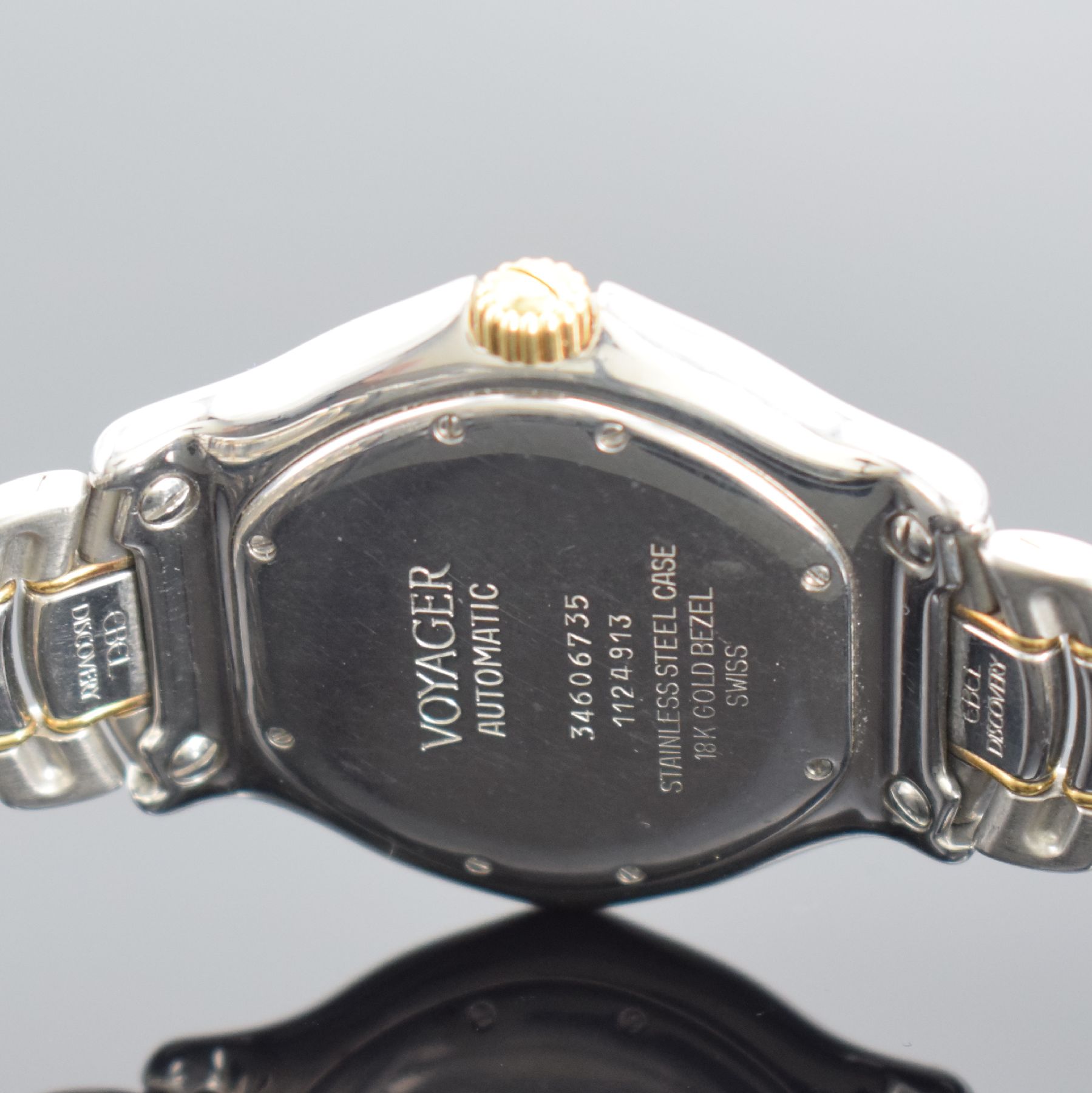Detail d: EBEL Voyager Herrenarmbanduhr, Schweiz um 1990, Automatik, Ref. 1124913, Edelstahlgeh. inkl. orig. Gliederband m. Faltschl., Boden 8-fach verschr., ...
