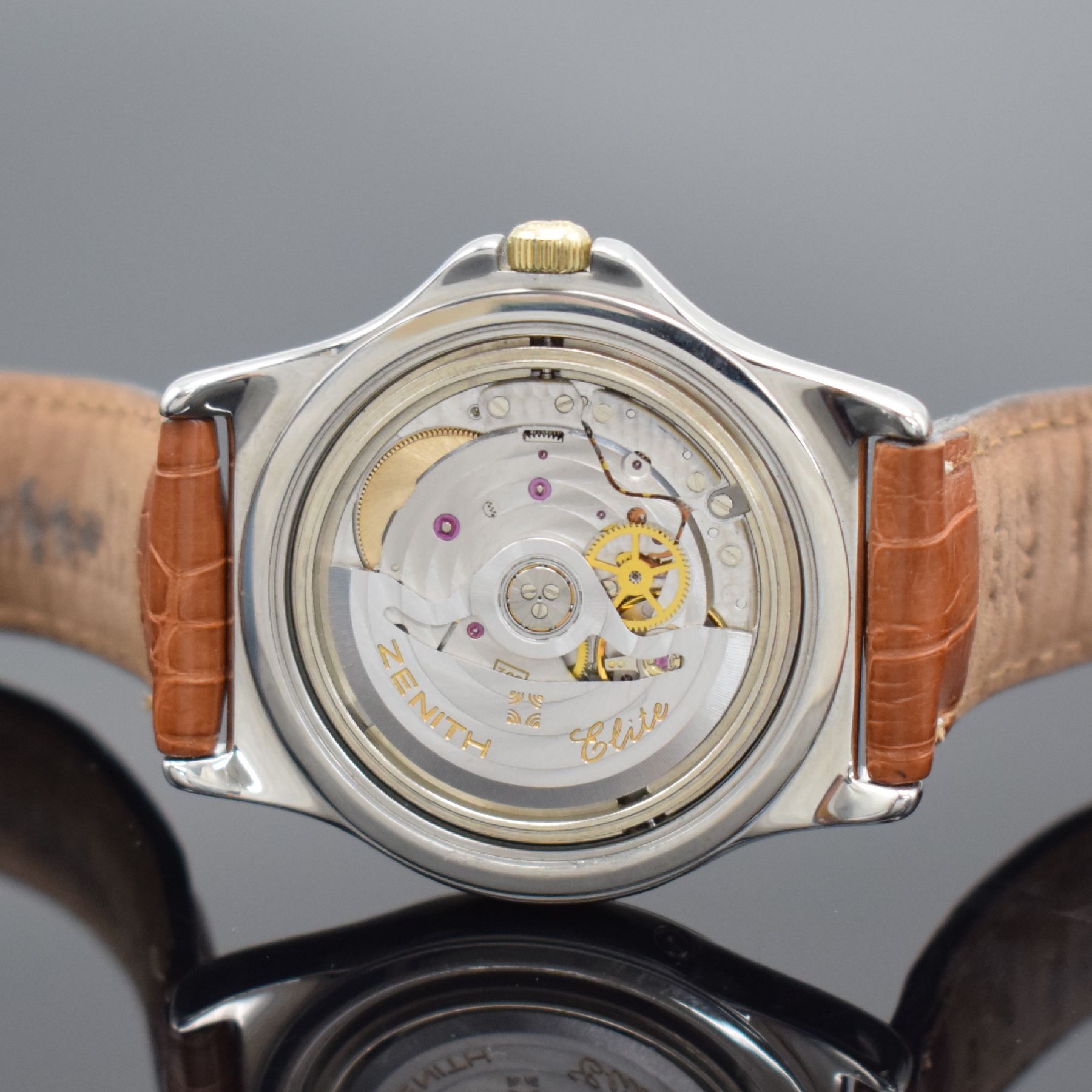Detail g: ZENITH Elite GMT Herrenarmbanduhr in Stahl/Gold, Schweiz um 2000, Automatik, Ref. 90/410030 682, Boden aufgedr., orig. Lederband m. orig. Dornschl., ...