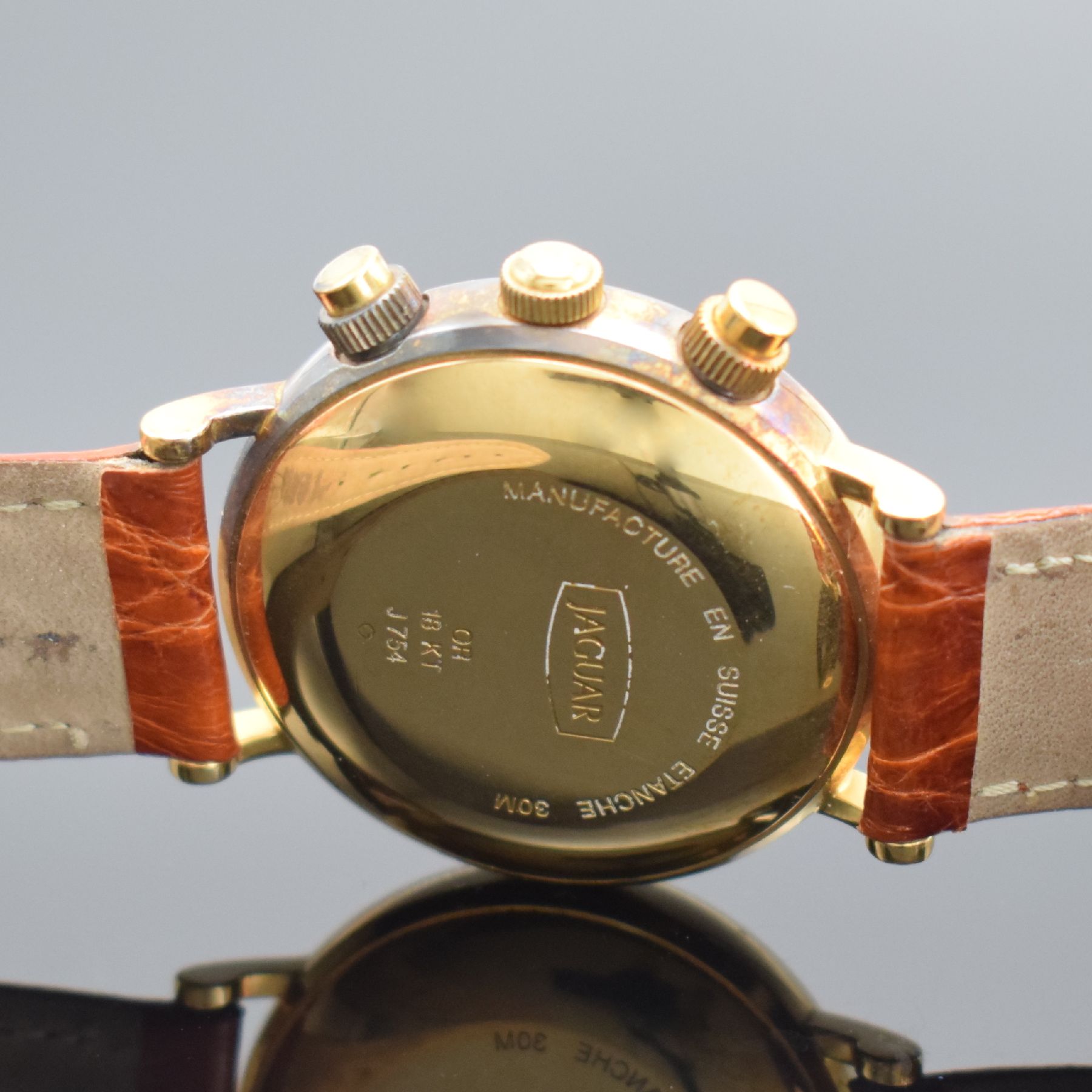 Detail e: JAGUAR Herrenchronograph in GG 750/000, Schweiz um 2000, Automatik, 2-teil. Gehäuse, Boden aufgedr., verg. Zifferbl. m. röm. Zahlen, Hilfszifferbl. ...