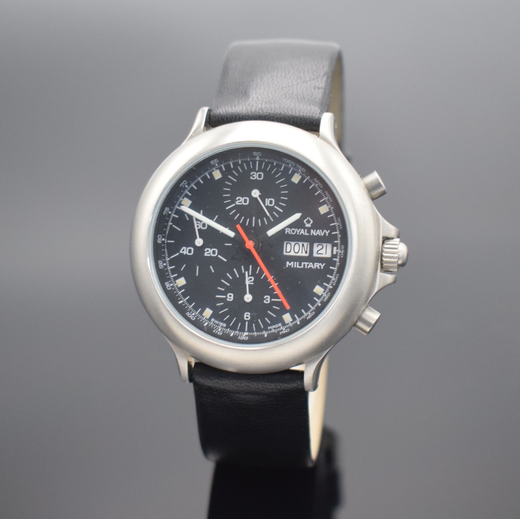 ROYAL NAVY Military Herrenchronograph, Schweiz um 1995, Automatik, Edelstahlgeh., Boden aufgedr., schwarzes Zifferbl. m. Leuchtind., Leuchtzeiger, ...