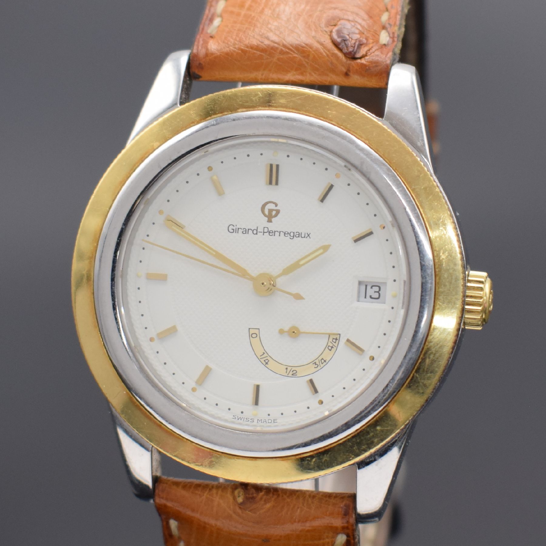 Detail a: GIRARD PERREGAUX GP 90 Herrenarmbanduhr in Stahl/Gold Referenz 1020, Schweiz um 2000, Automatik, Boden 6-fach verschr., orig. Lederband m. orig. ...