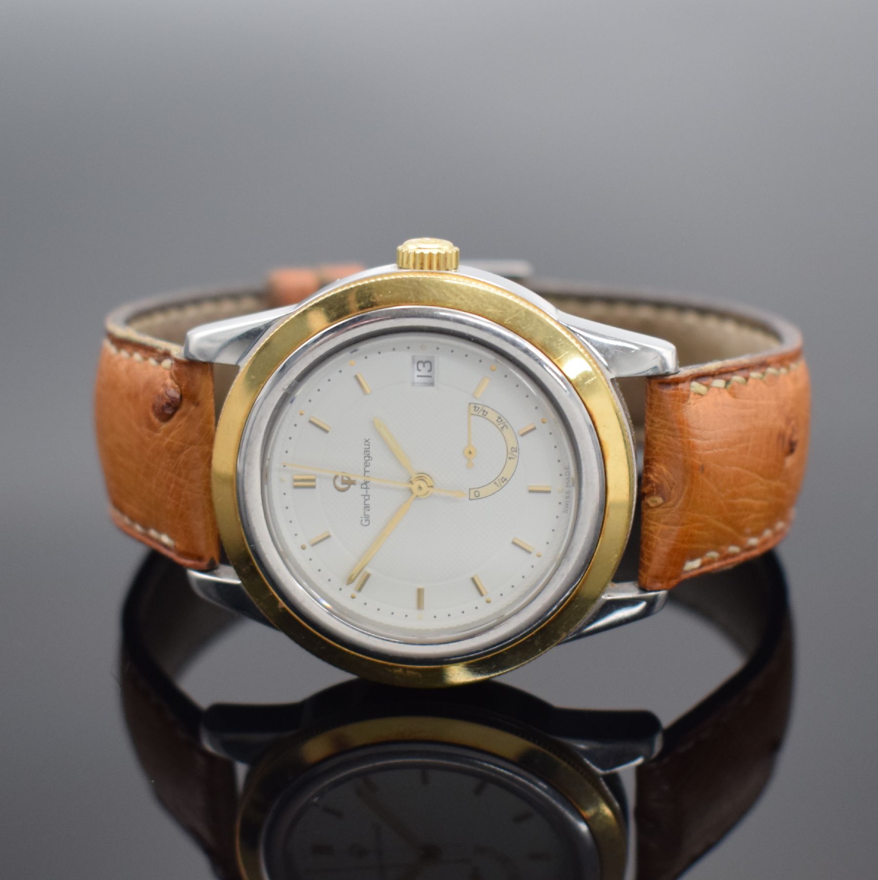 Detail b: GIRARD PERREGAUX GP 90 Herrenarmbanduhr in Stahl/Gold Referenz 1020, Schweiz um 2000, Automatik, Boden 6-fach verschr., orig. Lederband m. orig. ...