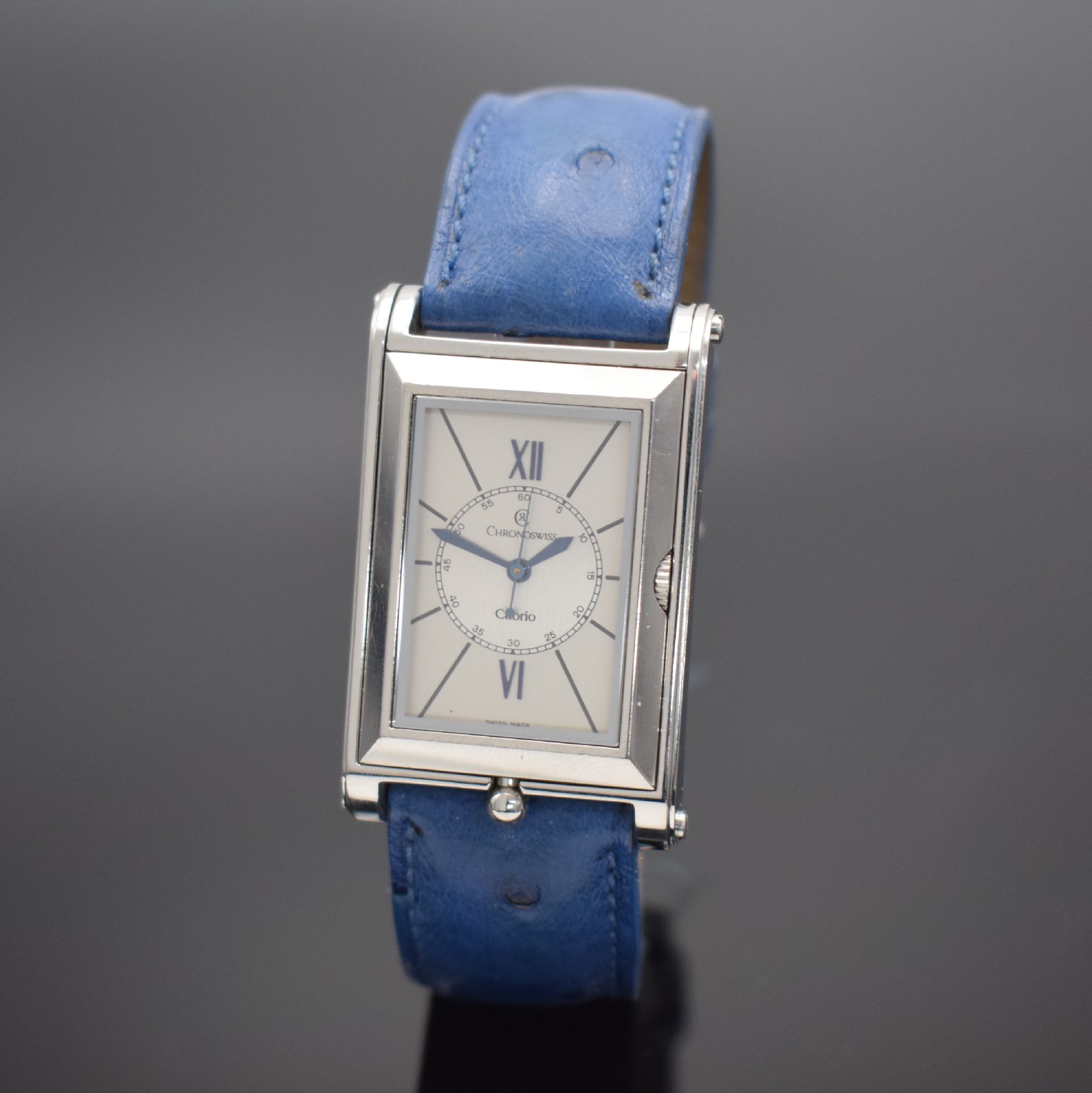 CHRONOSWISS Cabrio Herrenarmbanduhr, Schweiz um 1995, Automatik, ausklappbares Edelst.-Wendegeh. inkl. orig. Lederband m. Dornschl., beids. vergl., ...