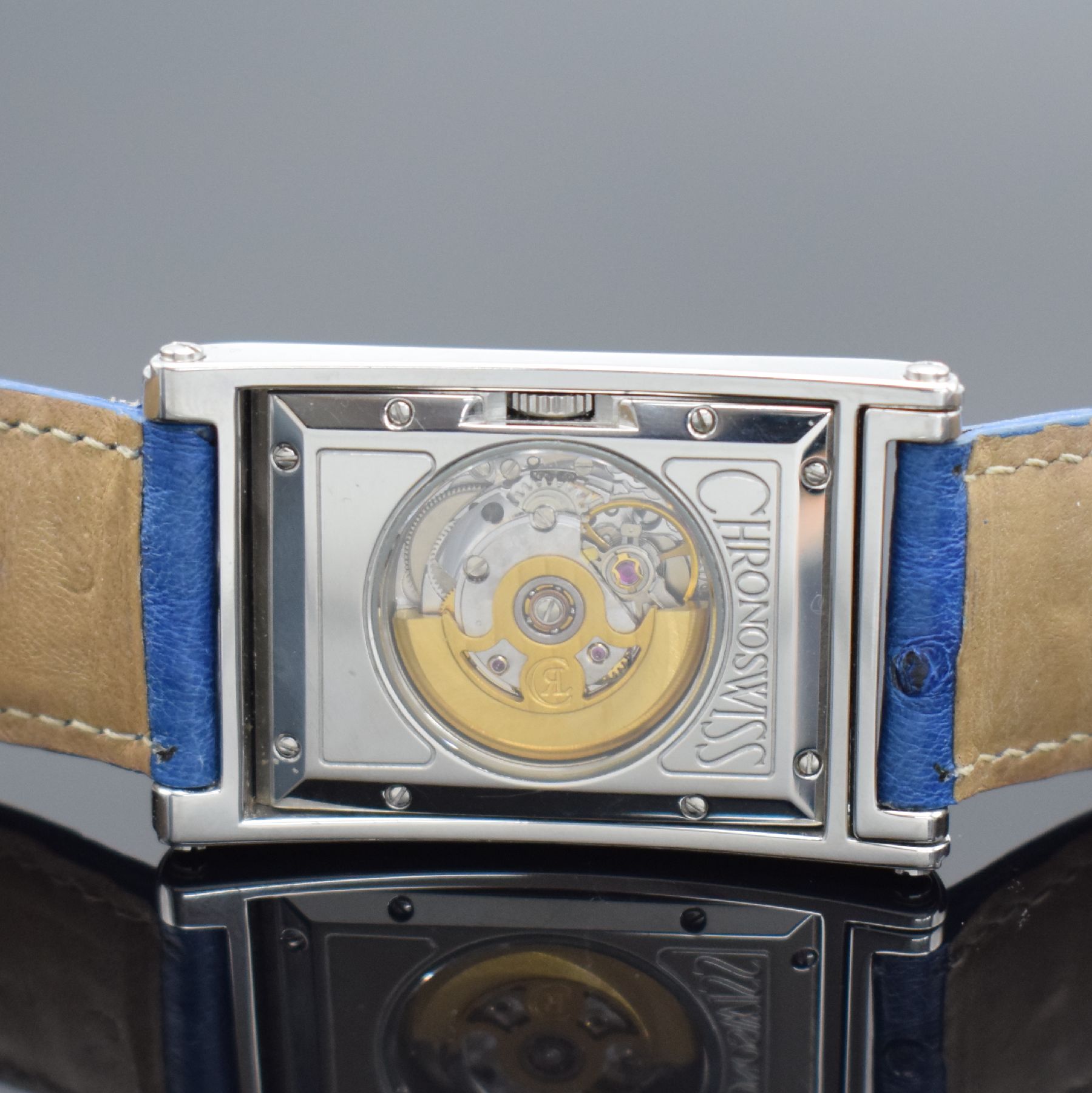 Detail d: CHRONOSWISS Cabrio Herrenarmbanduhr, Schweiz um 1995, Automatik, ausklappbares Edelst.-Wendegeh. inkl. orig. Lederband m. Dornschl., beids. vergl., ...