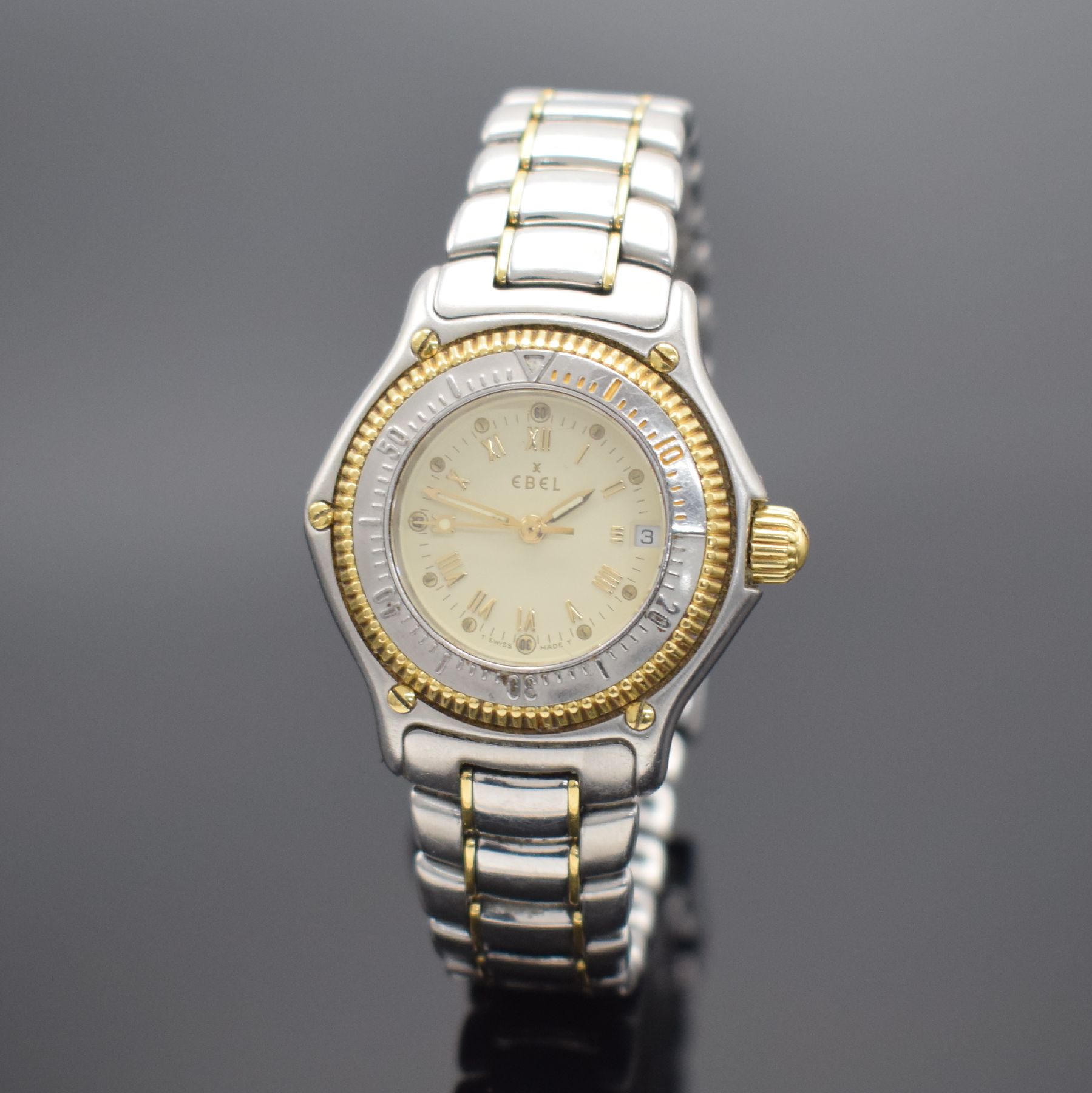EBEL Discovery Damenarmbanduhr, Schweiz um 1995, Ref. 183912, Edelstahl & Gold komb., massives Geh., Gliederband m. Faltschl., eins. drehb. Lünette ...