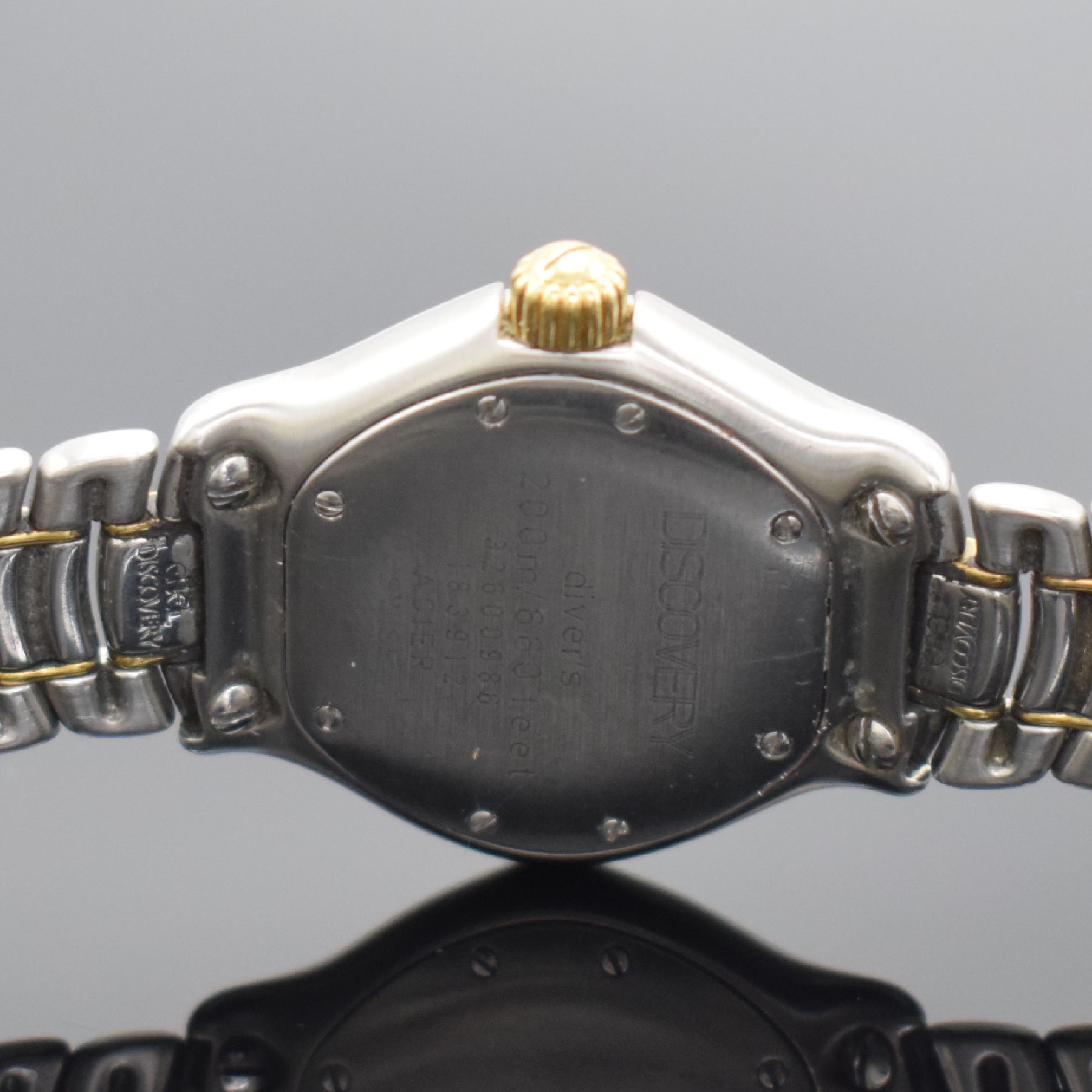 Detail d: EBEL Discovery Damenarmbanduhr, Schweiz um 1995, Ref. 183912, Edelstahl & Gold komb., massives Geh., Gliederband m. Faltschl., eins. drehb. Lünette ...