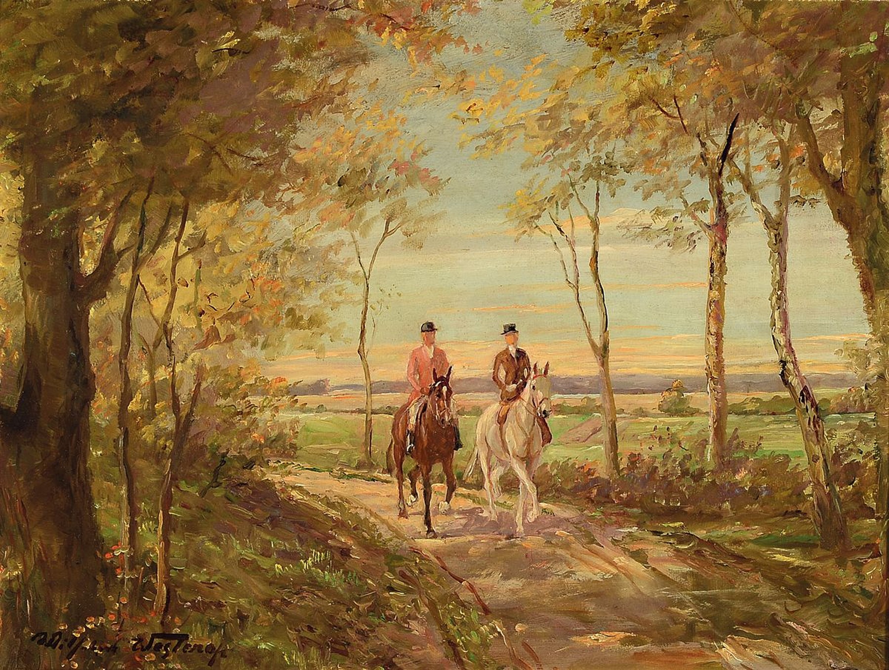 Wilhelm Westerop, 1876 Potsdam - 1954, zwei Reiter auf Feldweg in herbstlicher Landschaft, Öl/Karton, links unten signiert, R., 52x60 cm