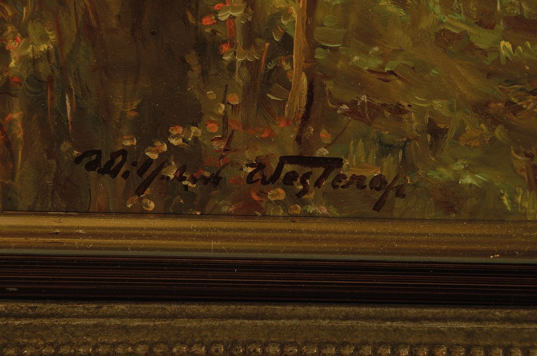 Detail a: Wilhelm Westerop, 1876 Potsdam - 1954, zwei Reiter auf Feldweg in herbstlicher Landschaft, Öl/Karton, links unten signiert, R., 52x60 cm