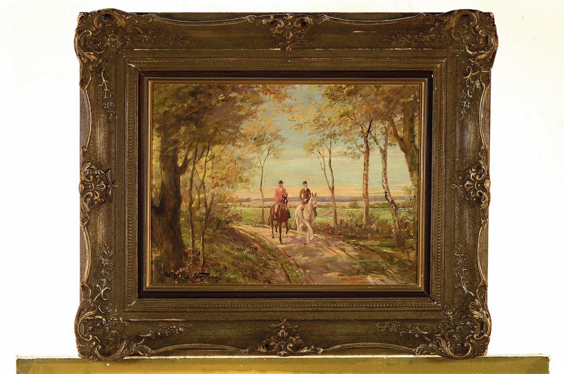 Detail k: Wilhelm Westerop, 1876 Potsdam - 1954, zwei Reiter auf Feldweg in herbstlicher Landschaft, Öl/Karton, links unten signiert, R., 52x60 cm