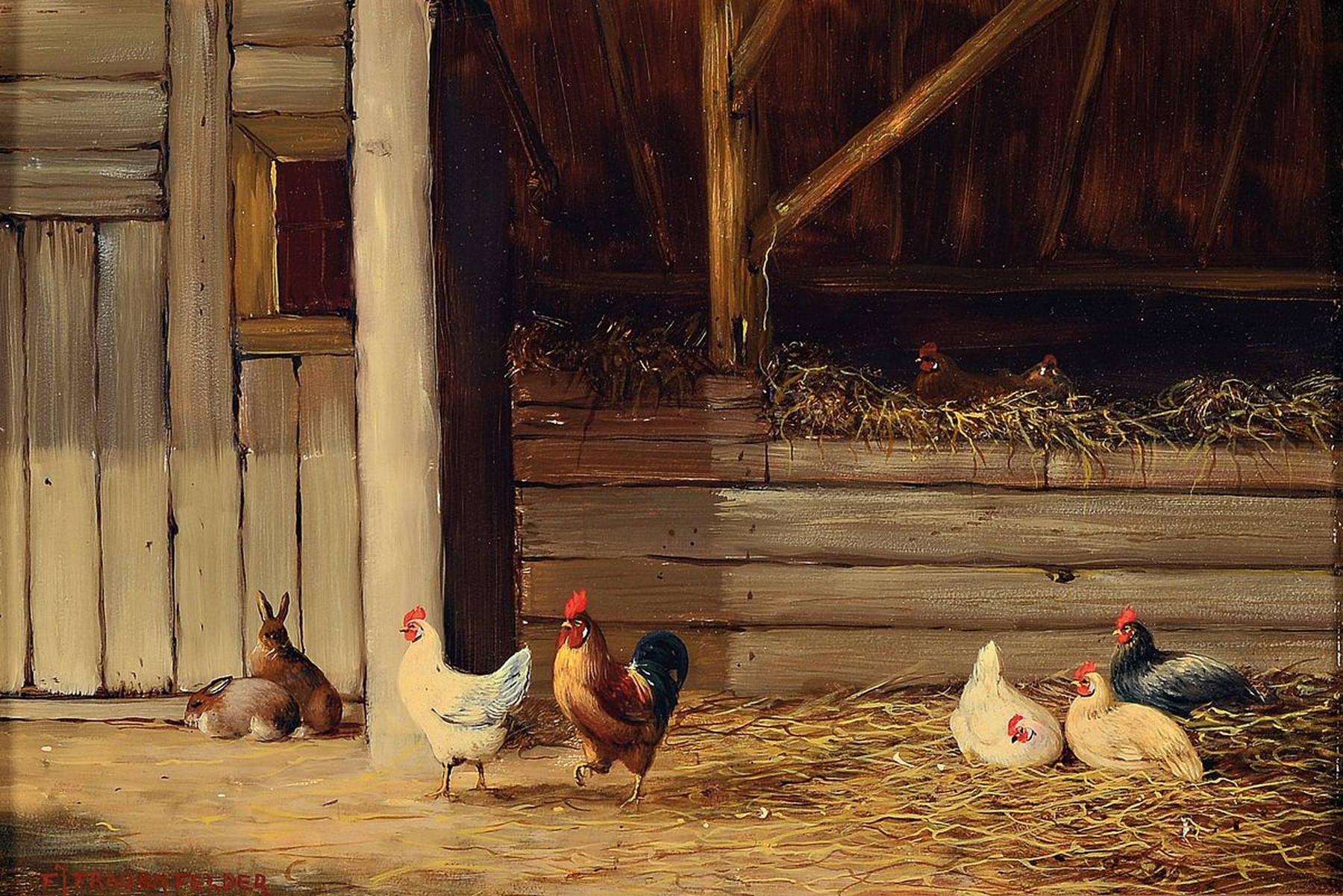 Fred Johannes Frauenfelder, geb. 1945, Im Hühnerstall, links unten signiert, Öl/Holz, Rahmen, 30x38 cm