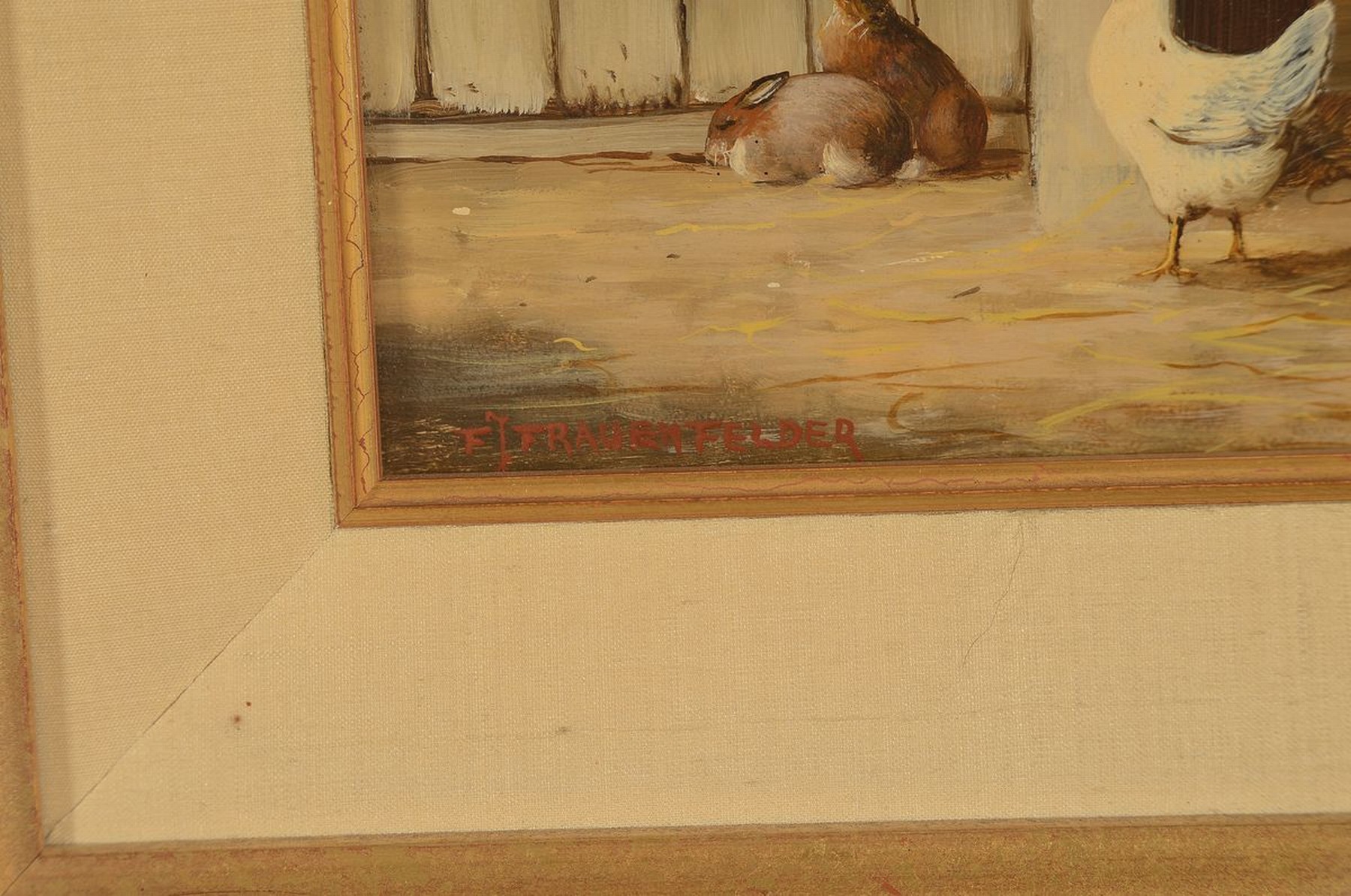 Detail a: Fred Johannes Frauenfelder, geb. 1945, Im Hühnerstall, links unten signiert, Öl/Holz, Rahmen, 30x38 cm