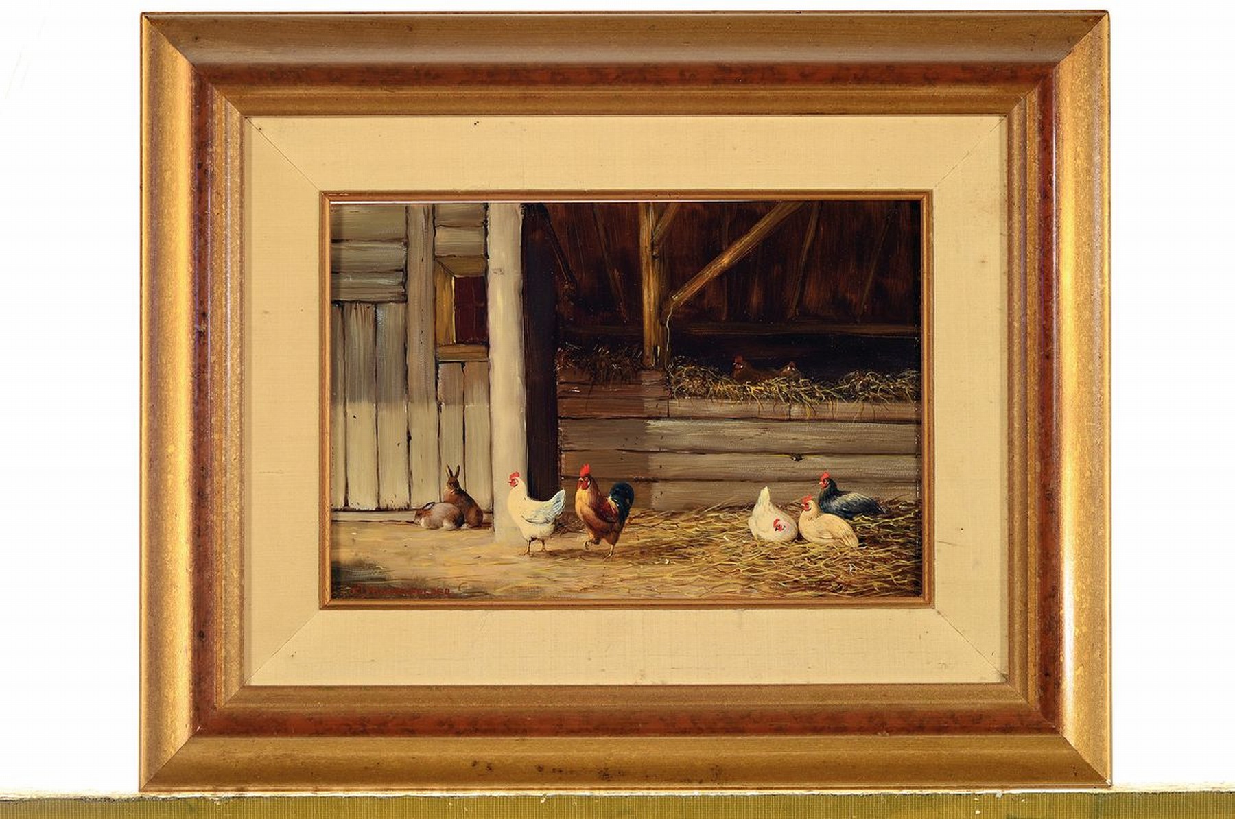 Detail k: Fred Johannes Frauenfelder, geb. 1945, Im Hühnerstall, links unten signiert, Öl/Holz, Rahmen, 30x38 cm