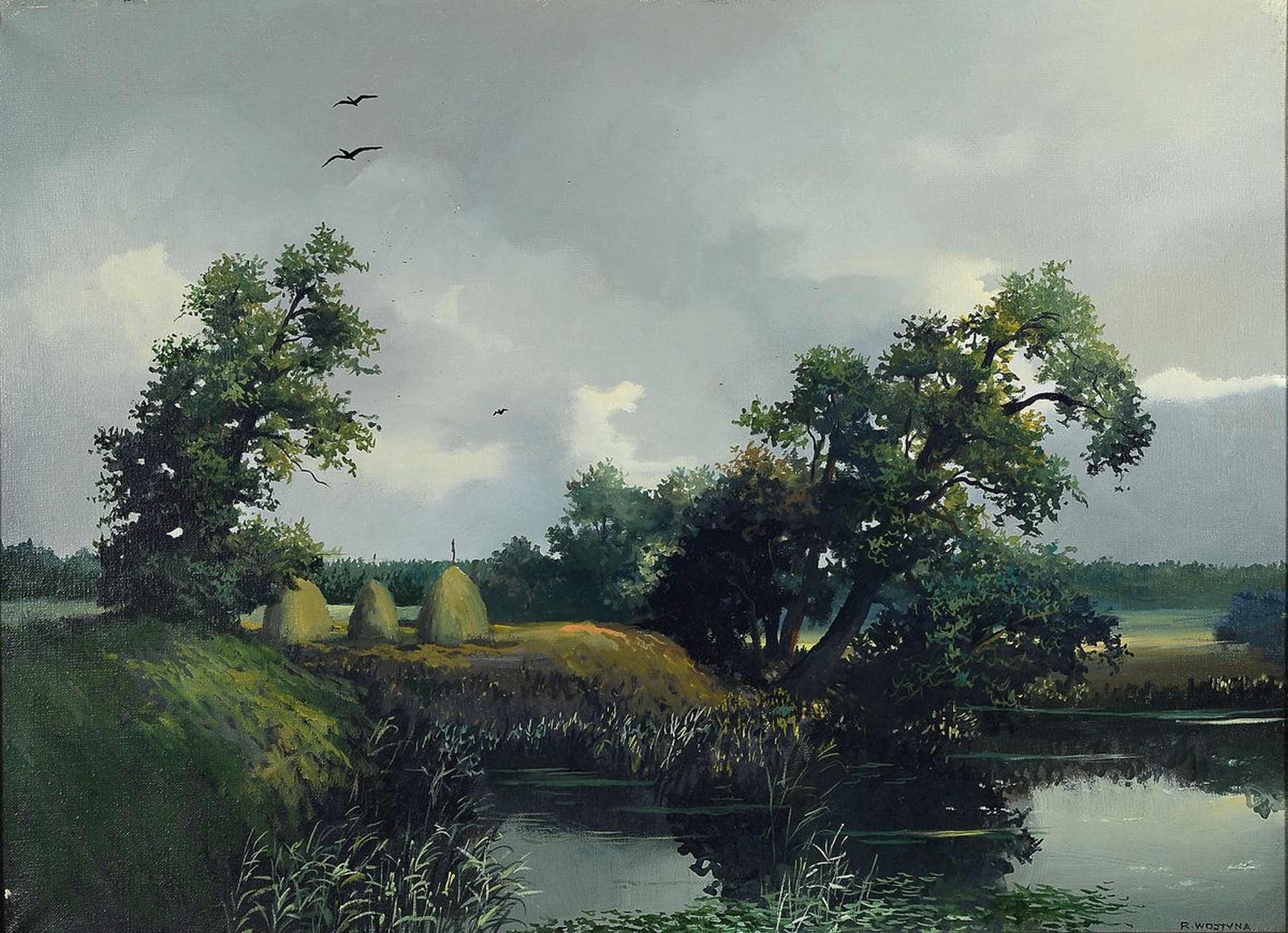 Ryszard Woityna, 1926 Warschau - 1990, Studium an der Staatlichen Hochschule für Bildende Künste Warschau, Teich- u. Erntelandschaft, wohl ...