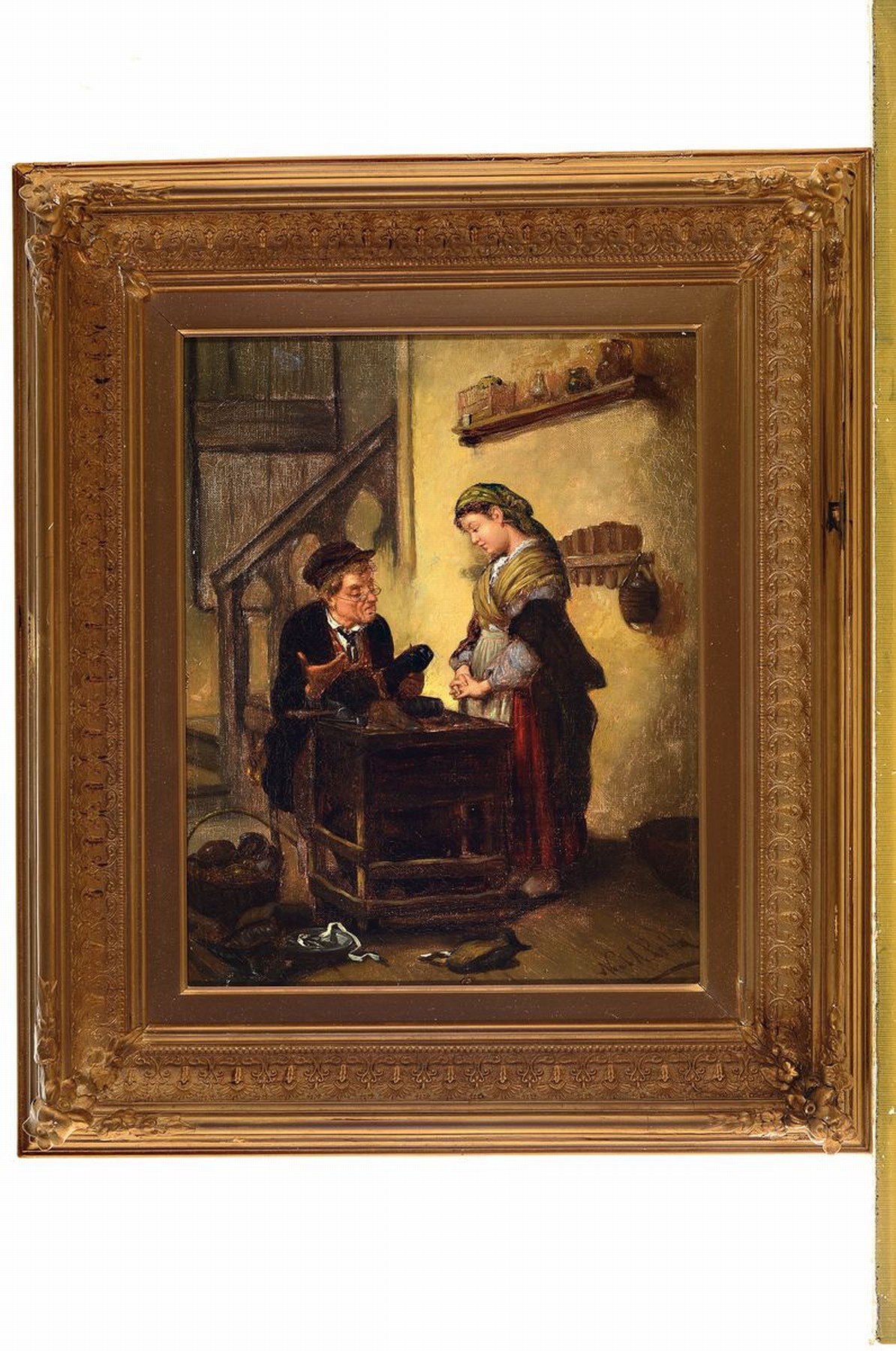 Detail k: Zwei Niederländische Traditionalisten, Ende 19. Jh., Zwei Genreszenen: a. beim Schuhmacher, rechts unten signiert, min. Lwd. -Schaden; b. beim ...