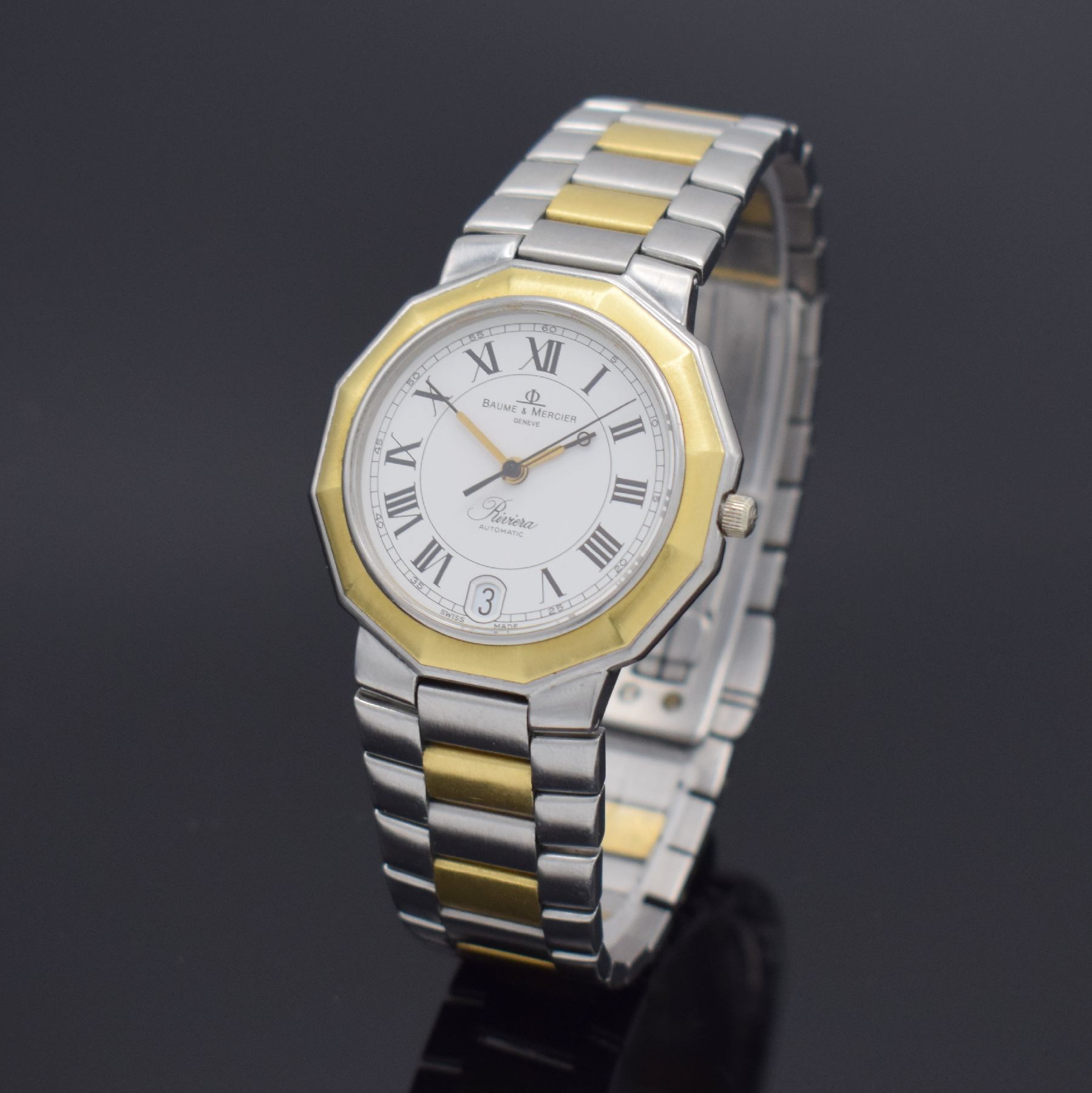 Detail c: BAUME & MERCIER Riviera Herrenarmbanduhr, Schweiz um 1995, Automatik, Ref. 3131, Edelstahl/Gold komb. inkl. orig. Gliederband m. Faltschl., Boden & ...