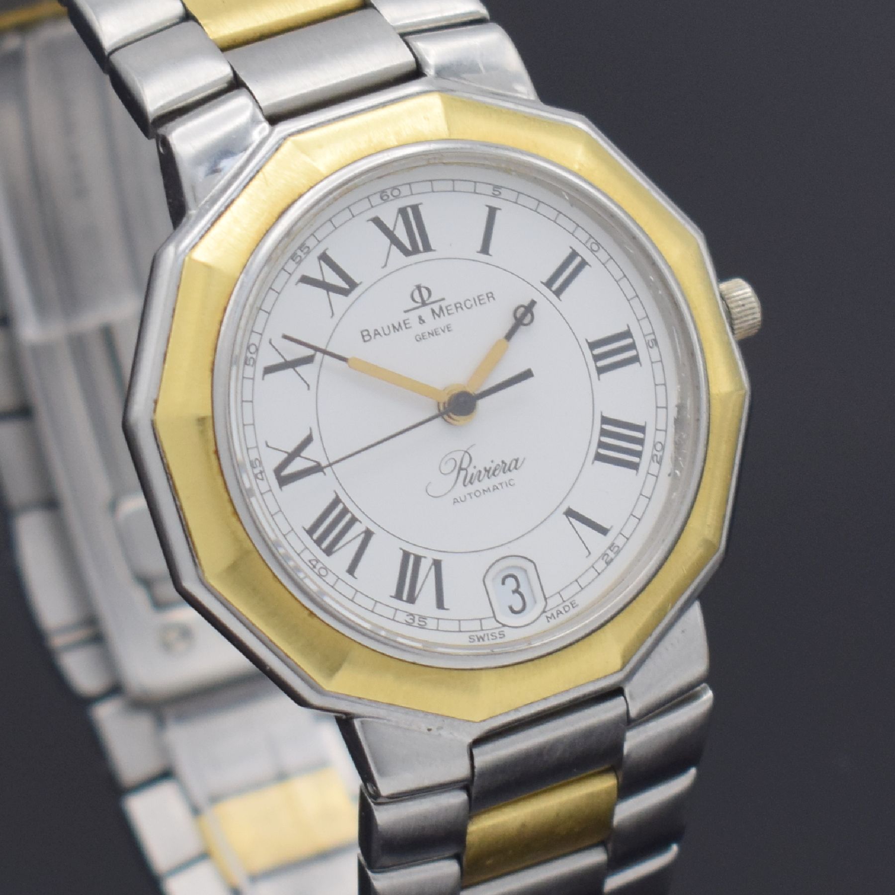 Detail f: BAUME & MERCIER Riviera Herrenarmbanduhr, Schweiz um 1995, Automatik, Ref. 3131, Edelstahl/Gold komb. inkl. orig. Gliederband m. Faltschl., Boden & ...