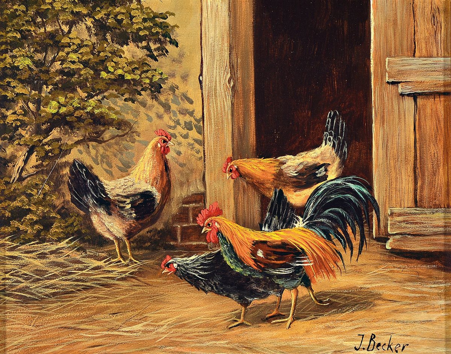 Johan Becker, 1870 - 1945, Federvieh auf dem Hof, rechts unten signiert, Öl/Holz, Rahmen, 36x42 cm