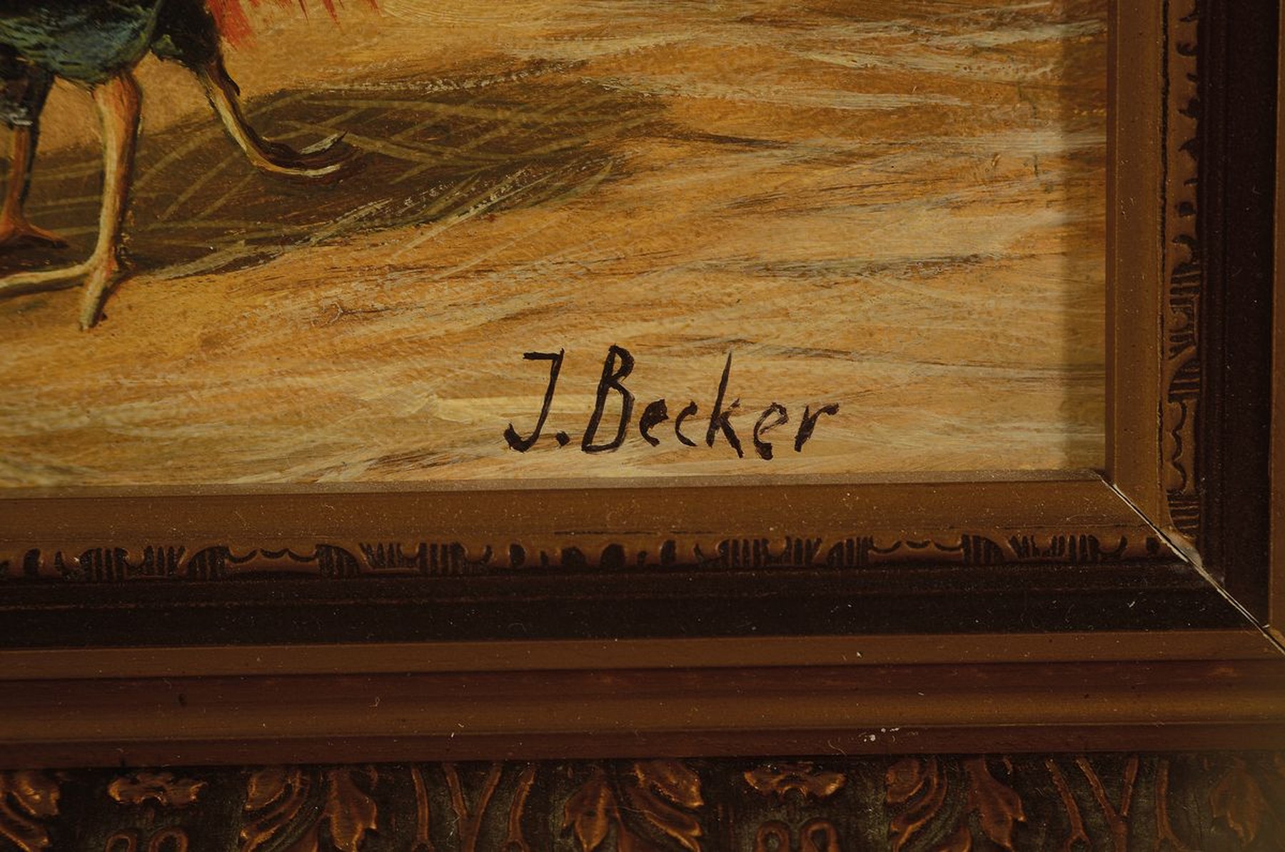 Detail a: Johan Becker, 1870 - 1945, Federvieh auf dem Hof, rechts unten signiert, Öl/Holz, Rahmen, 36x42 cm