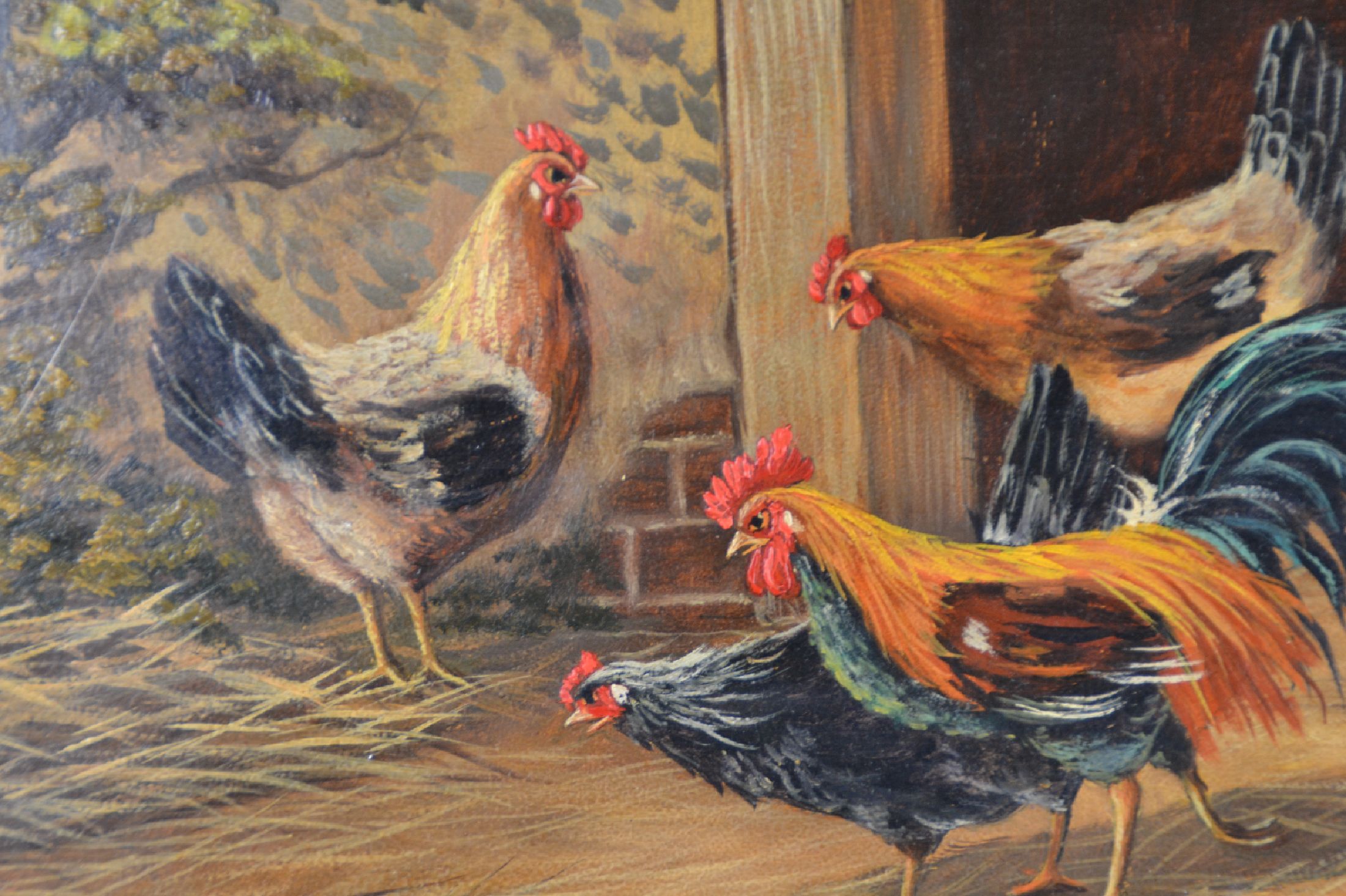 Detail c: Johan Becker, 1870 - 1945, Federvieh auf dem Hof, rechts unten signiert, Öl/Holz, Rahmen, 36x42 cm