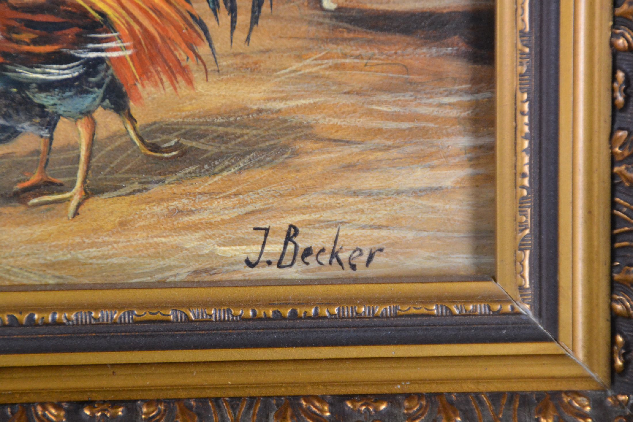 Detail d: Johan Becker, 1870 - 1945, Federvieh auf dem Hof, rechts unten signiert, Öl/Holz, Rahmen, 36x42 cm