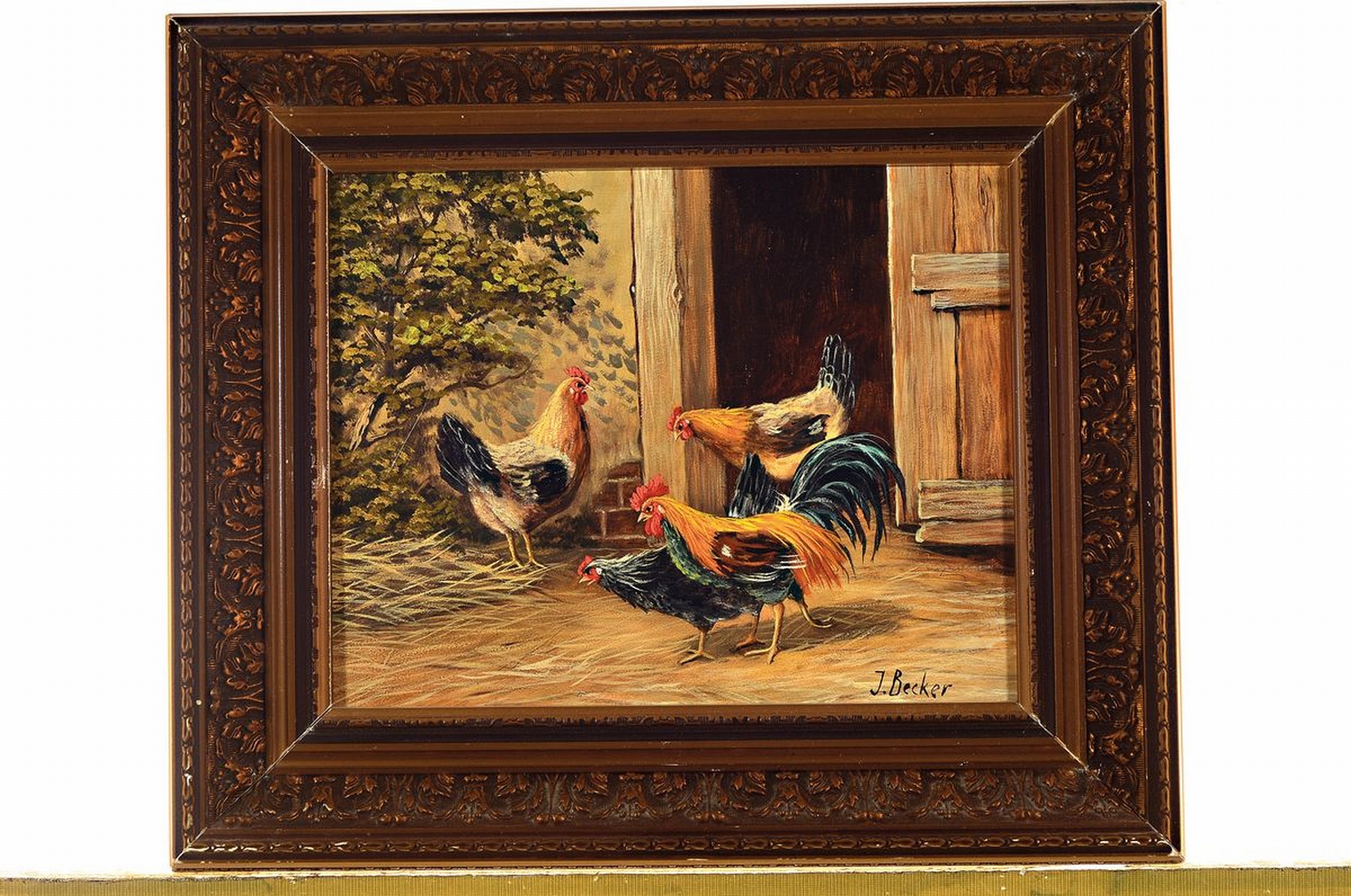 Detail k: Johan Becker, 1870 - 1945, Federvieh auf dem Hof, rechts unten signiert, Öl/Holz, Rahmen, 36x42 cm