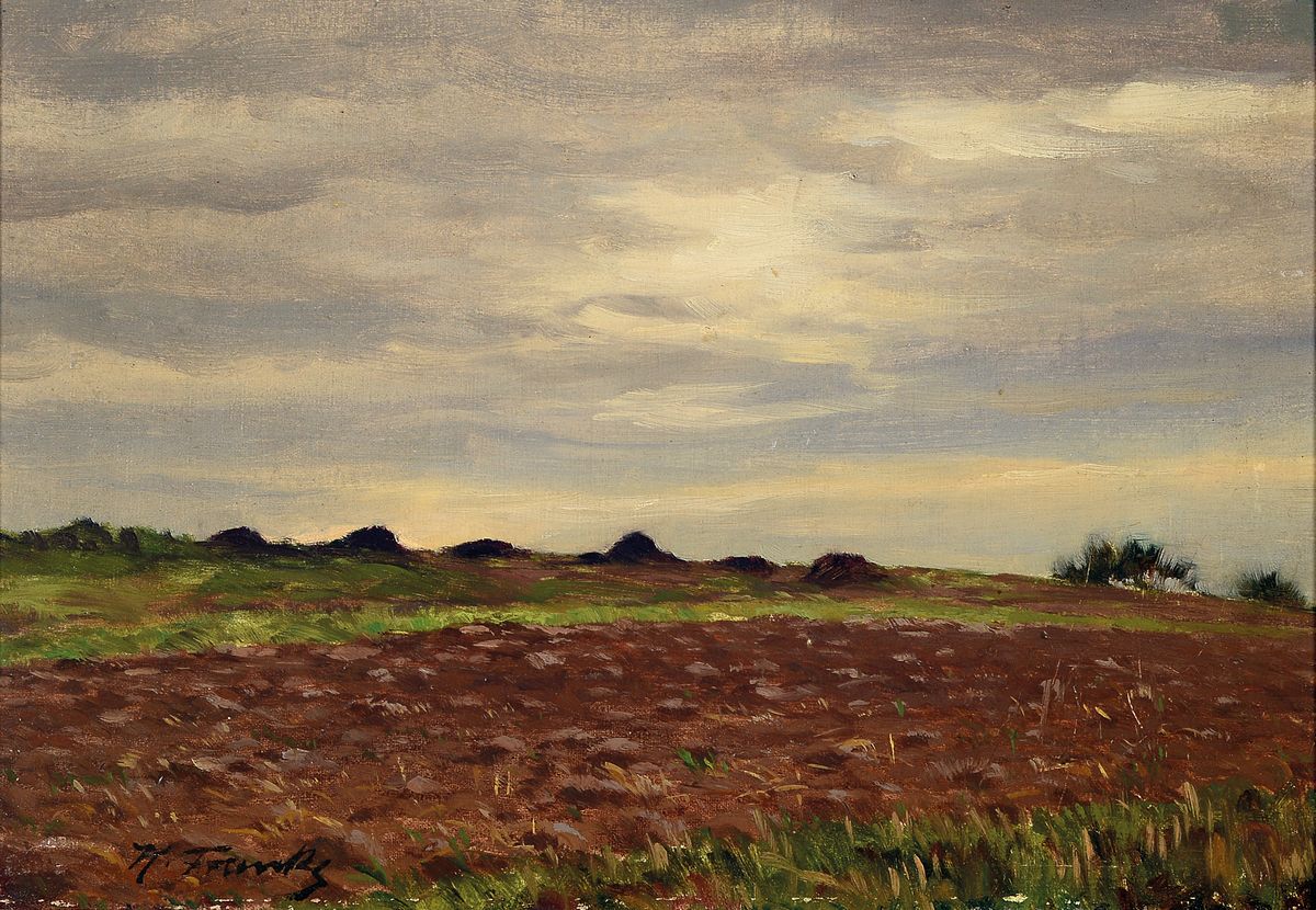 Zuschreibung: Hanni Franke, 1890 Hochheim-1973 Frankfurt, Landschaft mit Acker nach der Ernte, Öl/Holz, links unten signiert H. Franke, ca. 23x32cm, ...