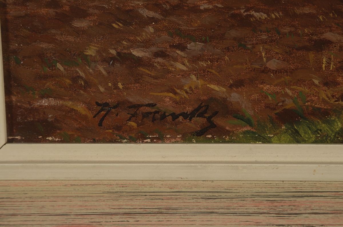 Detail a: Zuschreibung: Hanni Franke, 1890 Hochheim-1973 Frankfurt, Landschaft mit Acker nach der Ernte, Öl/Holz, links unten signiert H. Franke, ca. 23x32cm, ...