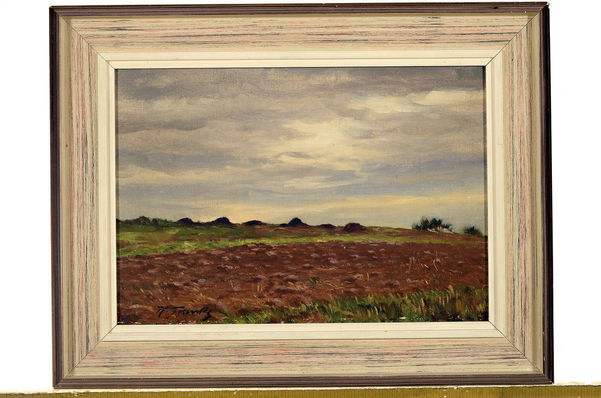 Detail k: Zuschreibung: Hanni Franke, 1890 Hochheim-1973 Frankfurt, Landschaft mit Acker nach der Ernte, Öl/Holz, links unten signiert H. Franke, ca. 23x32cm, ...