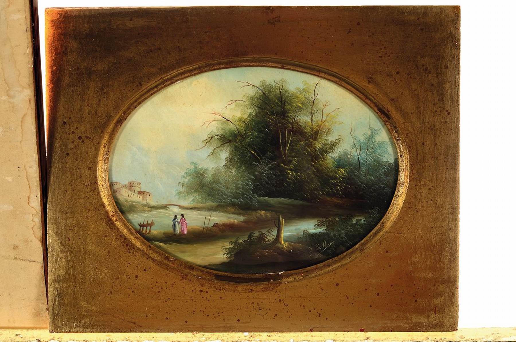 Detail k: E. Bell, wohl England, 2. Hälfte 19. Jh., Landschaft mit Paar am Ufer, großer Baumgruppe und Stadtkulisse im Hintergrund, Öl/Kupfer, rechts unten ...