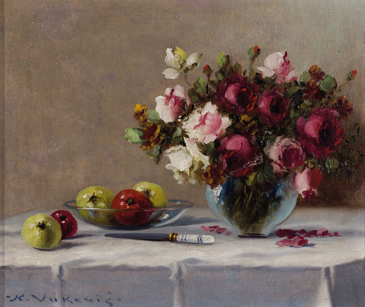 Keist Vukovic, 1897-1973 Tschechien, 3 kleine Blumenstillleben in Öl/Malkarton, alle signiert, 1x Rosen, Äpfel und Messer auf Tisch, ca. 12x14cm; ...