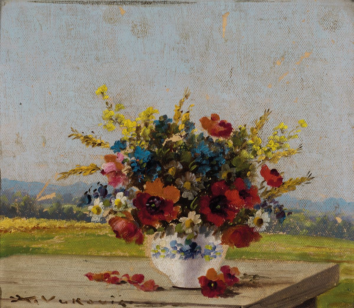 Detail a: Keist Vukovic, 1897-1973 Tschechien, 3 kleine Blumenstillleben in Öl/Malkarton, alle signiert, 1x Rosen, Äpfel und Messer auf Tisch, ca. 12x14cm; ...