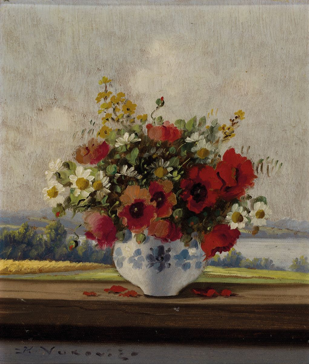 Detail b: Keist Vukovic, 1897-1973 Tschechien, 3 kleine Blumenstillleben in Öl/Malkarton, alle signiert, 1x Rosen, Äpfel und Messer auf Tisch, ca. 12x14cm; ...