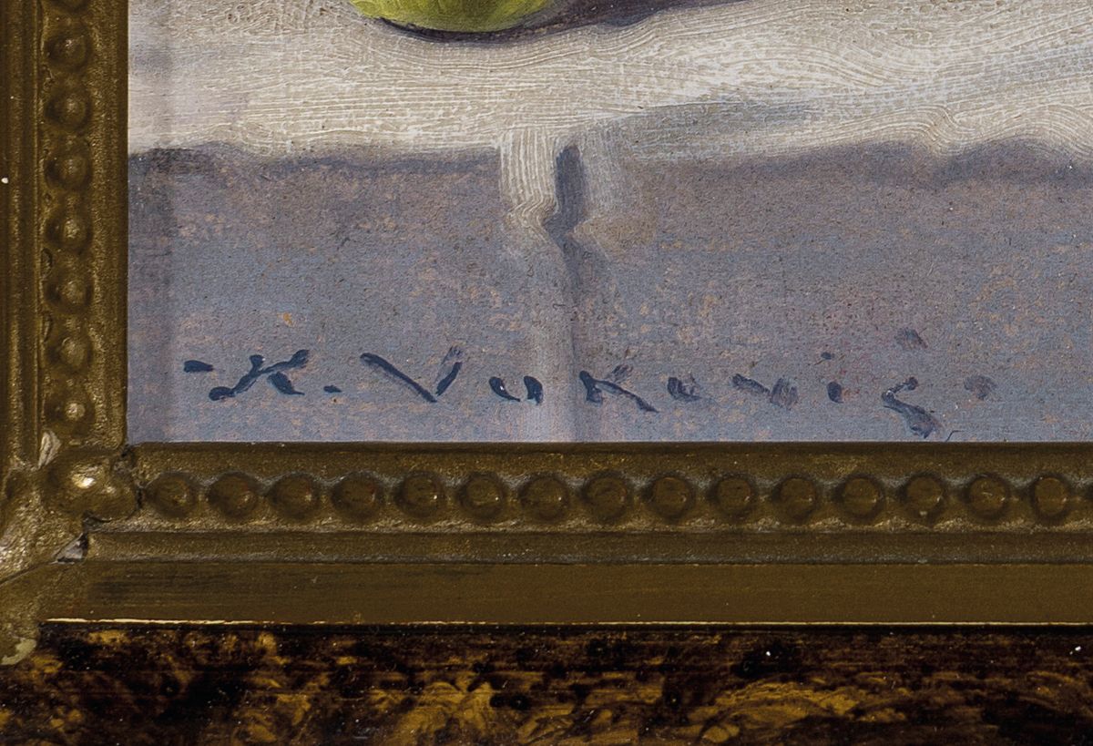 Detail c: Keist Vukovic, 1897-1973 Tschechien, 3 kleine Blumenstillleben in Öl/Malkarton, alle signiert, 1x Rosen, Äpfel und Messer auf Tisch, ca. 12x14cm; ...