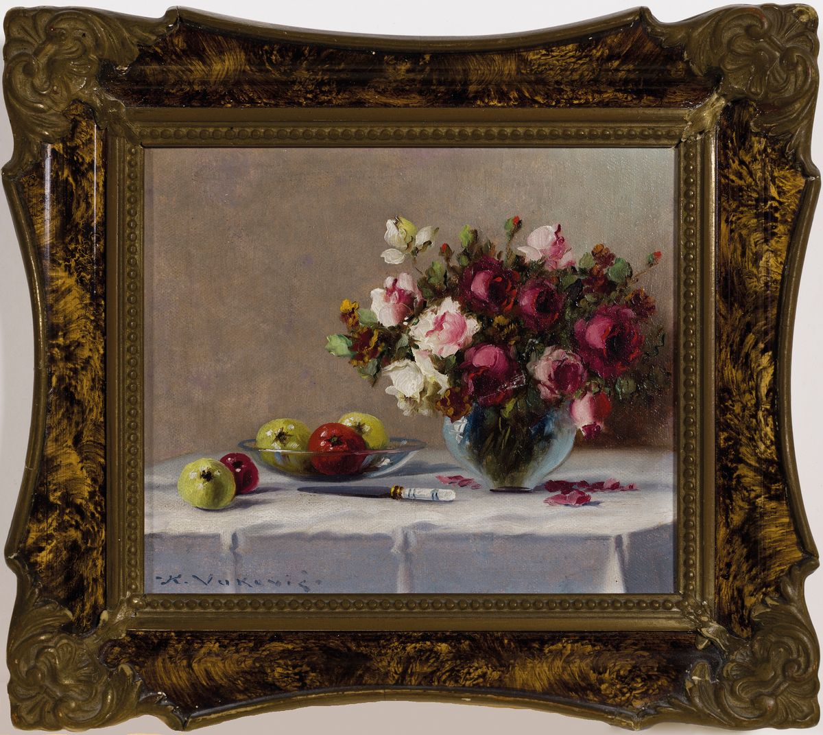 Detail k: Keist Vukovic, 1897-1973 Tschechien, 3 kleine Blumenstillleben in Öl/Malkarton, alle signiert, 1x Rosen, Äpfel und Messer auf Tisch, ca. 12x14cm; ...