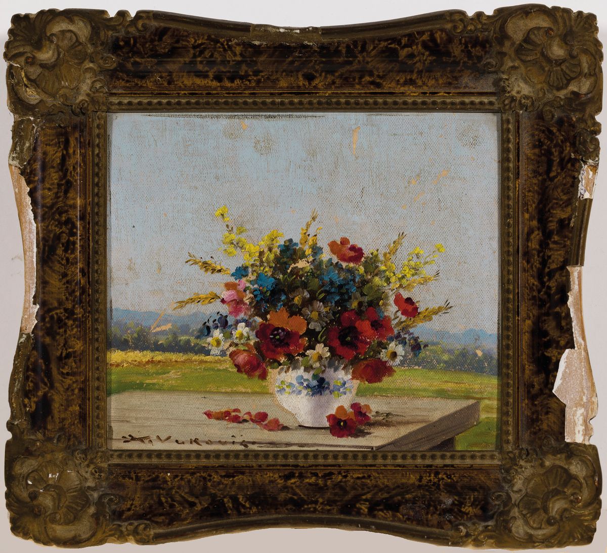 Detail l: Keist Vukovic, 1897-1973 Tschechien, 3 kleine Blumenstillleben in Öl/Malkarton, alle signiert, 1x Rosen, Äpfel und Messer auf Tisch, ca. 12x14cm; ...